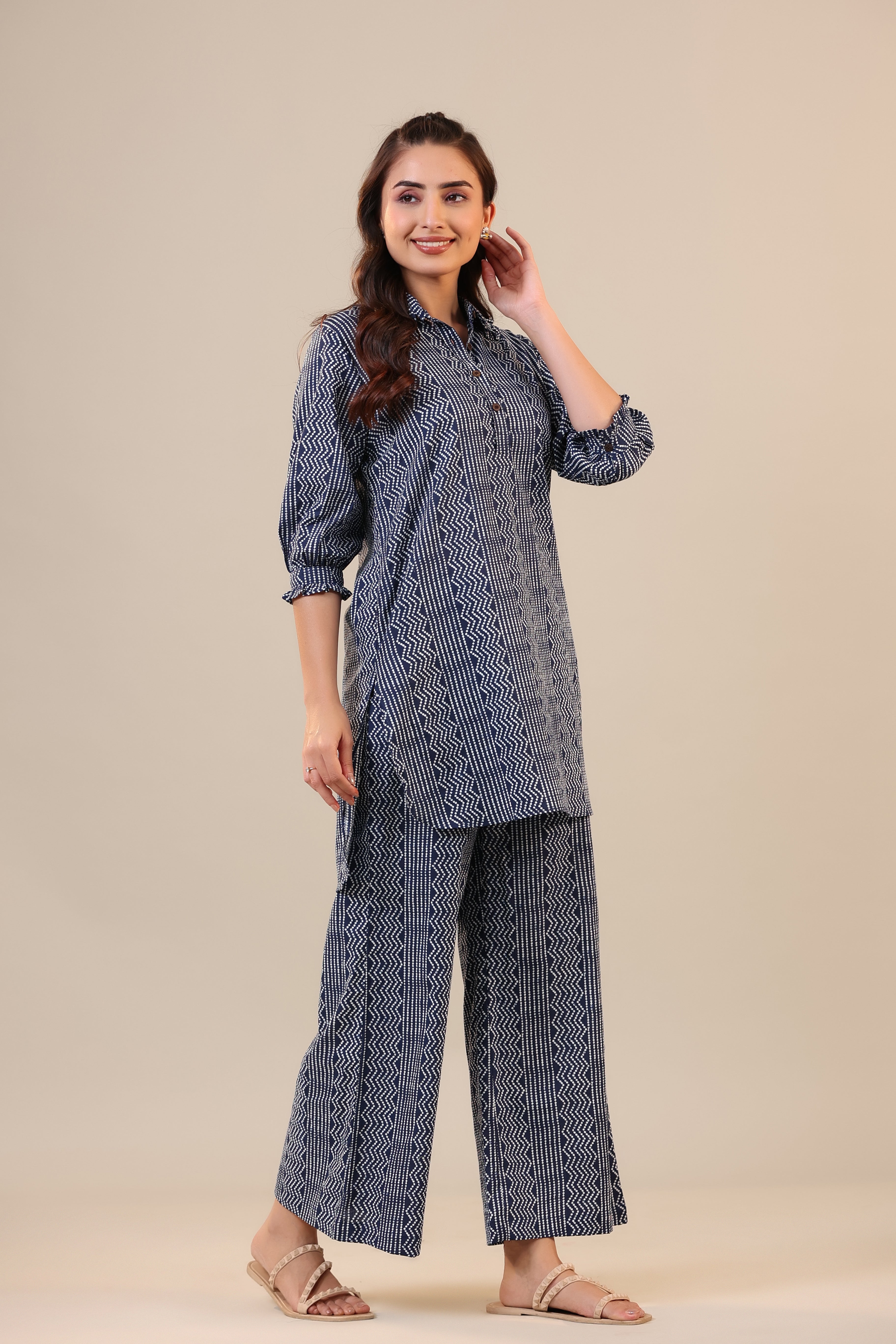 Zigzag Bandhej on Blue Cotton Palazzo Loungewear Set