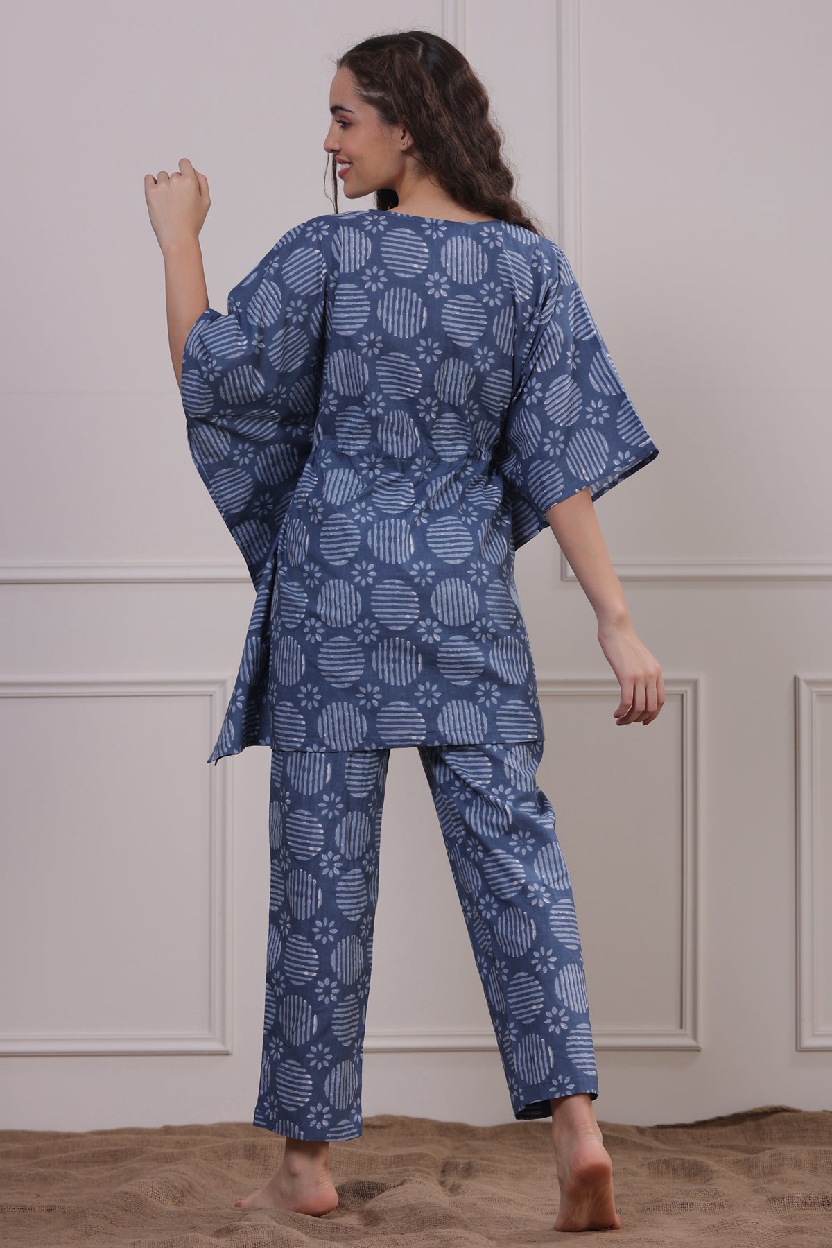 Bagru Print Blue Kaftan Pyjama Set