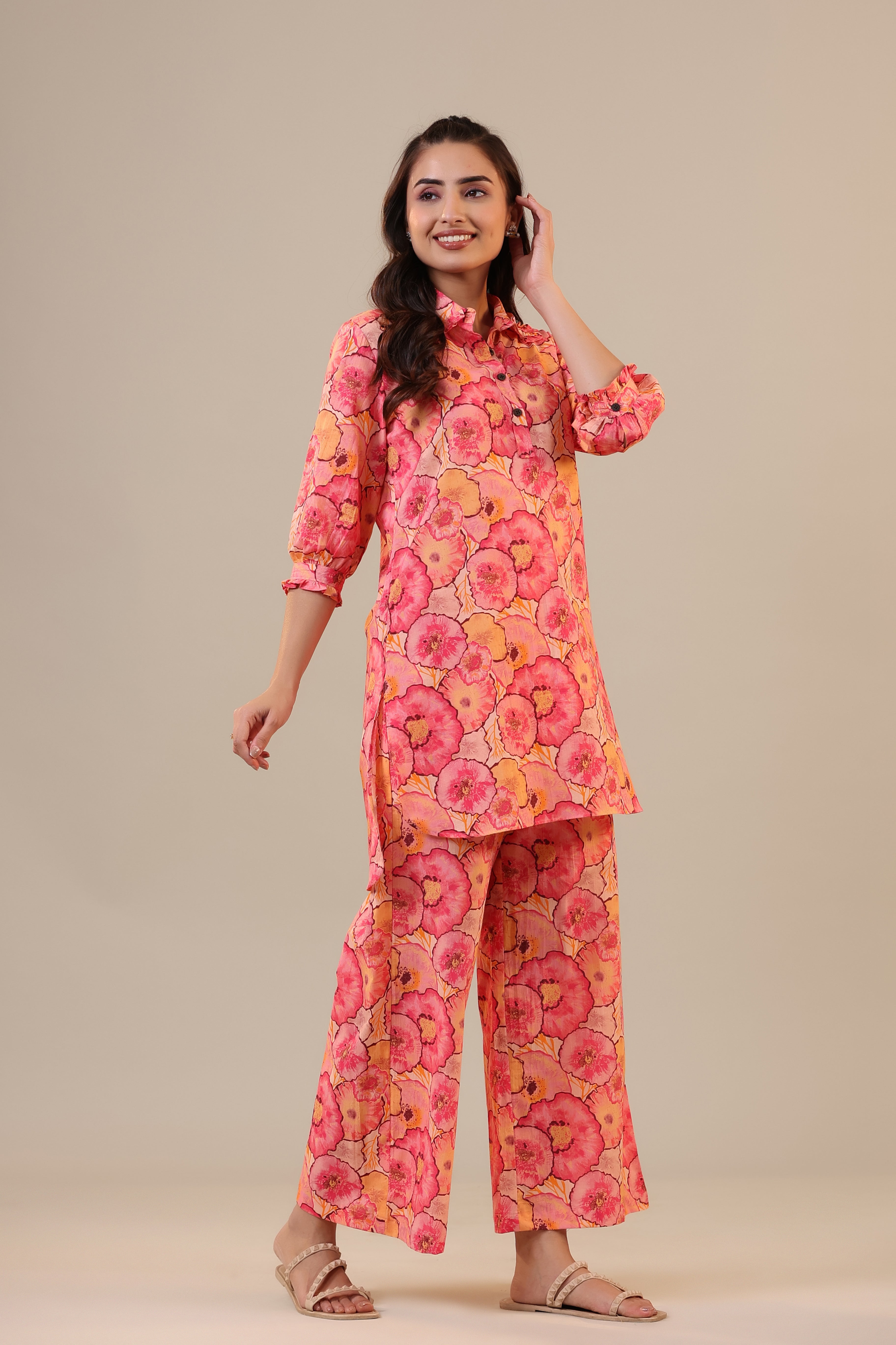 Colourful Chrysanthemum on Pink Cotton Palazzo Loungewear Set