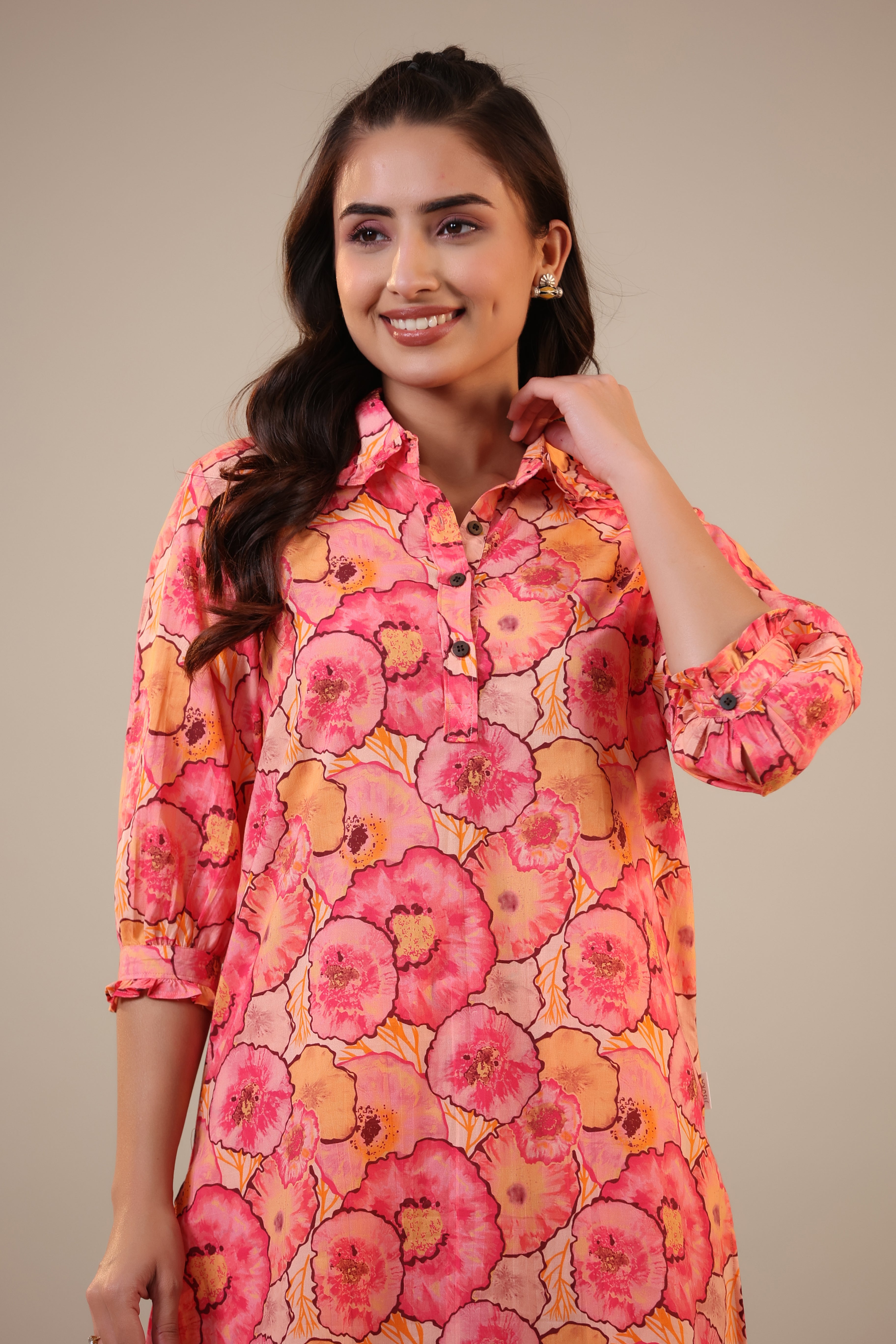 Colourful Chrysanthemum on Pink Cotton Palazzo Loungewear Set