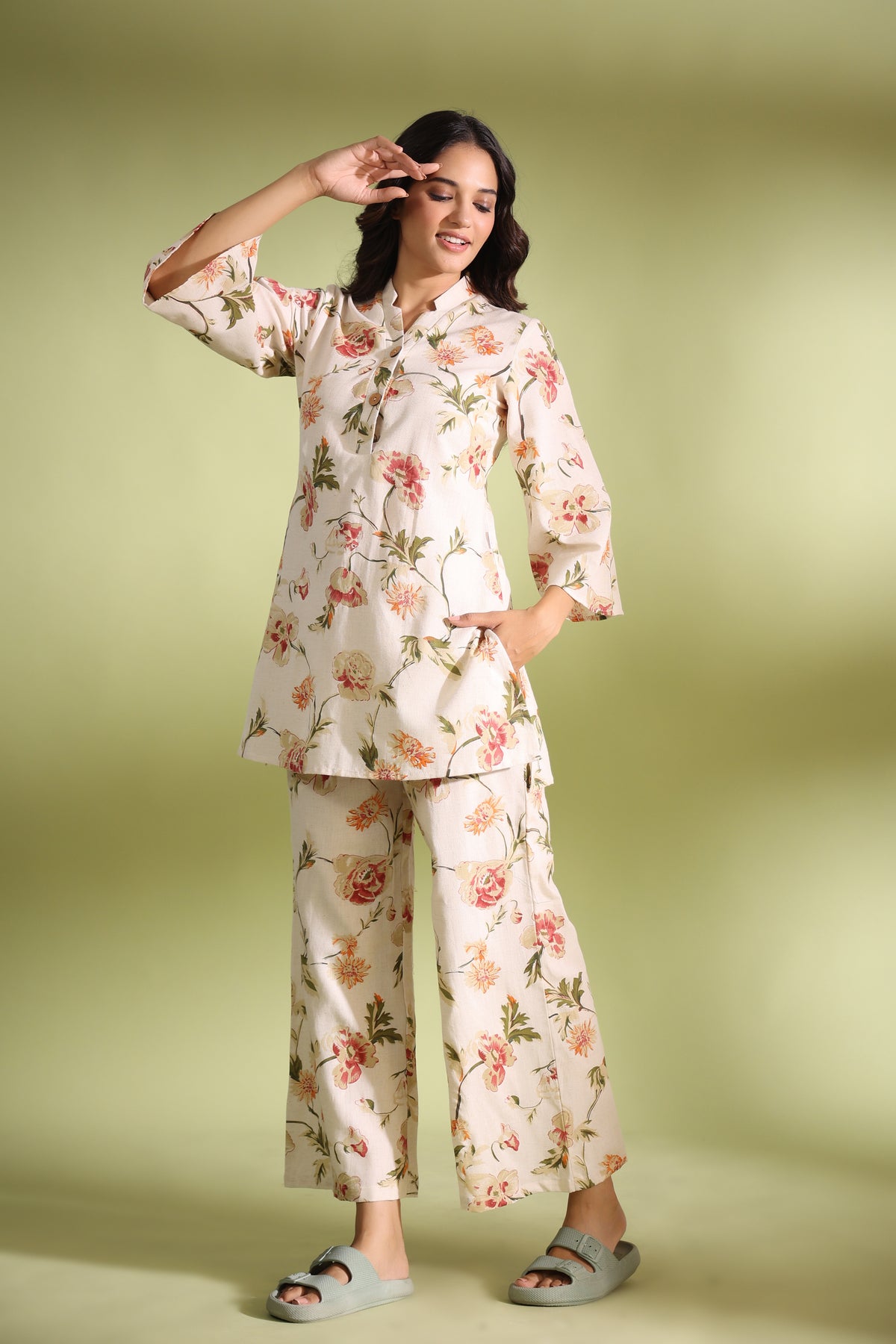 Southloom Co-Ord Set for Women in White and Blue Block Printed