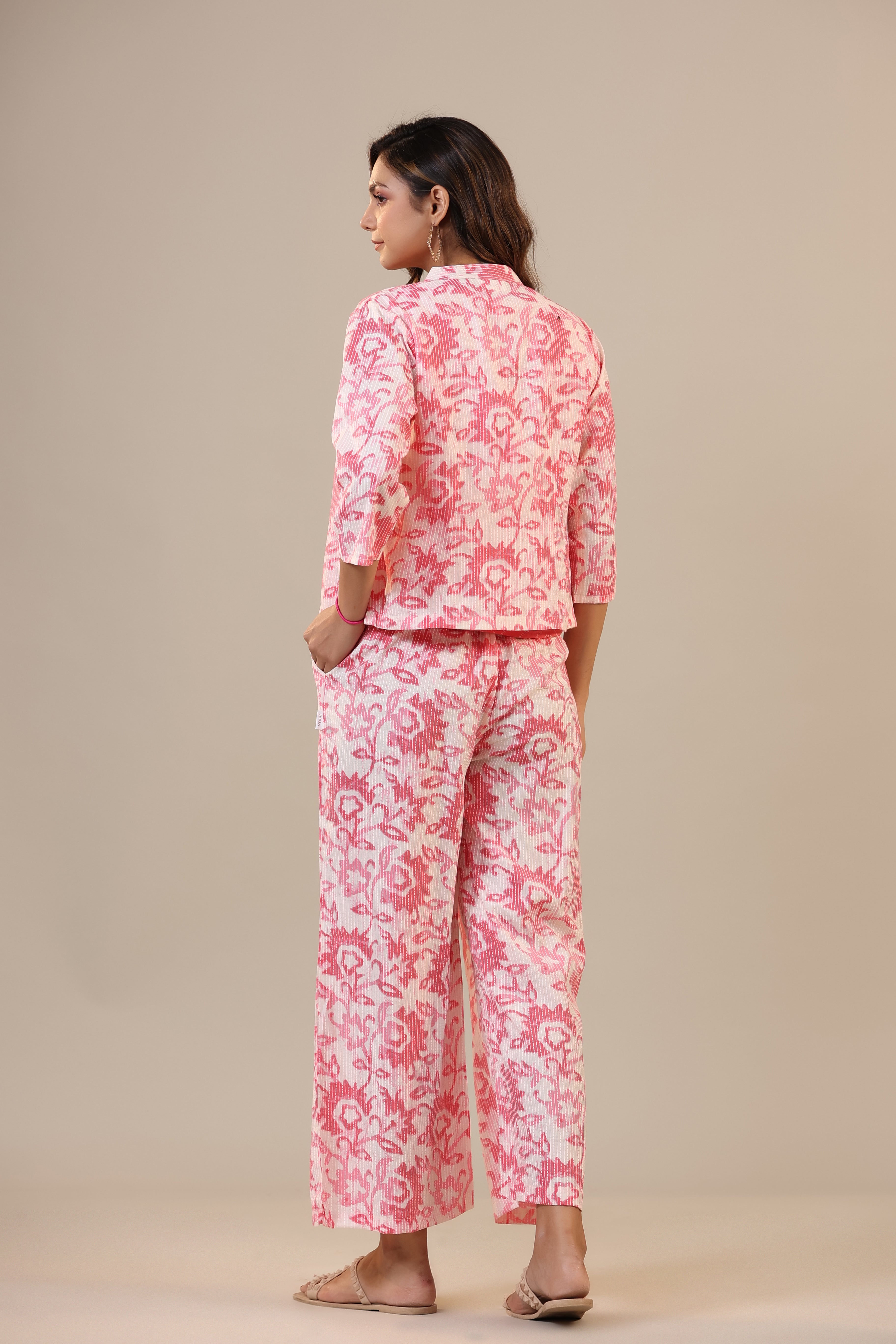 Pink Florals With Bhandej on Cotton Three piece Set