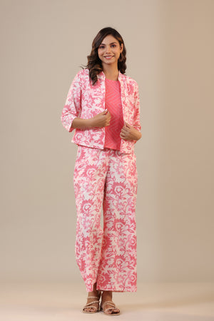 Pink Florals With Bandhej on Cotton Three Piece Set