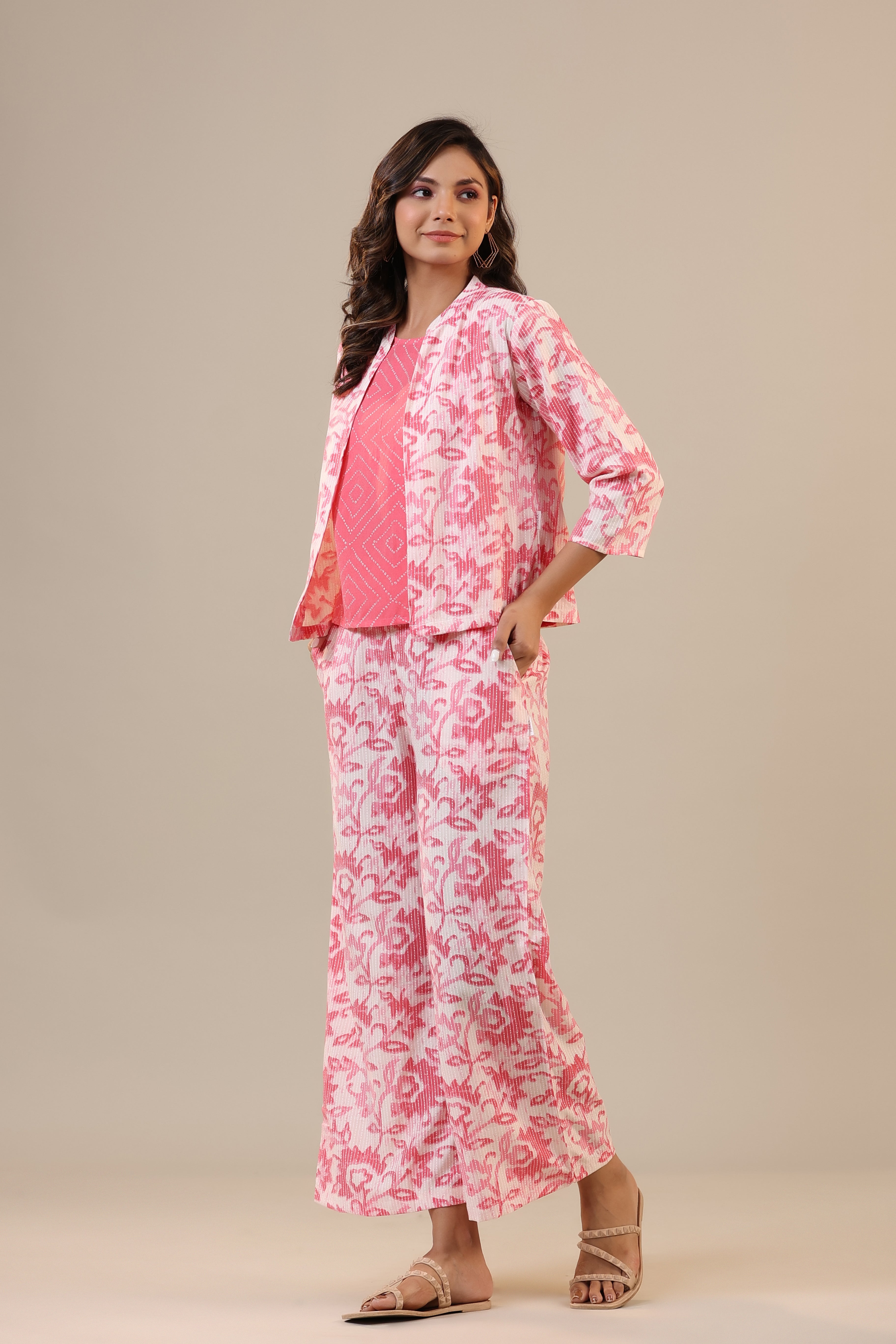 Pink Florals With Bhandej on Cotton Three piece Set