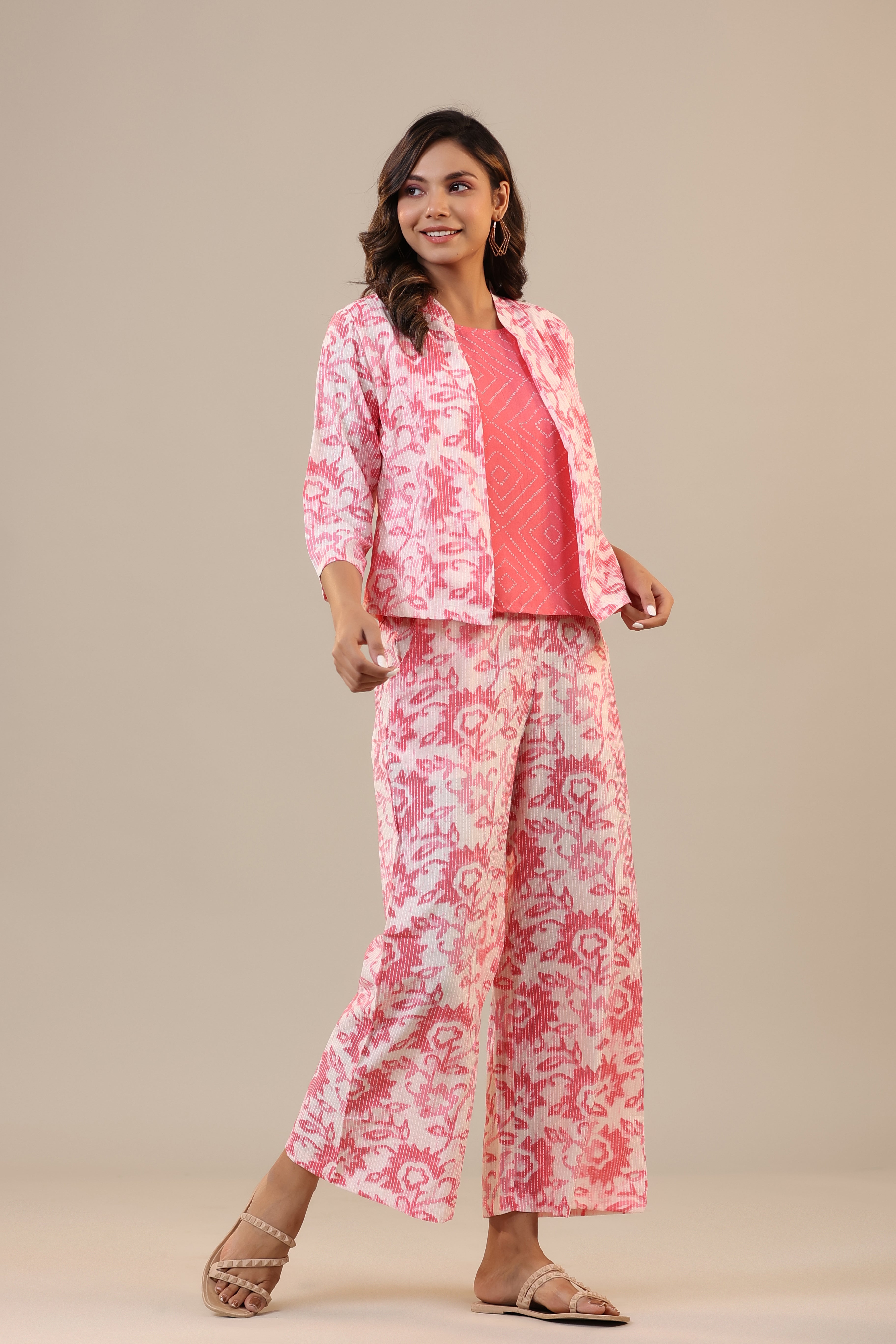 Pink Florals With Bhandej on Cotton Three piece Set