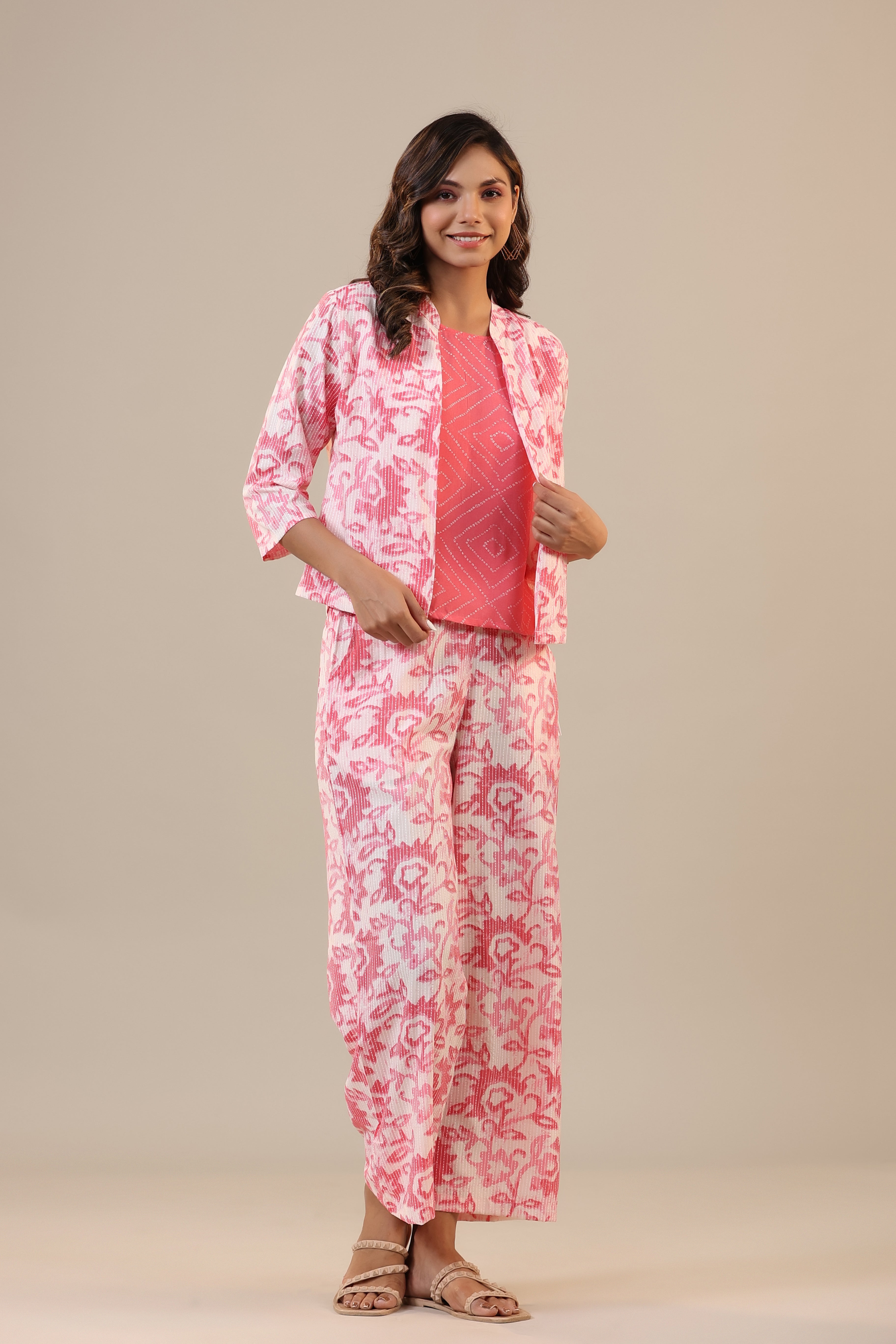 Pink Florals With Bhandej on Cotton Three piece Set