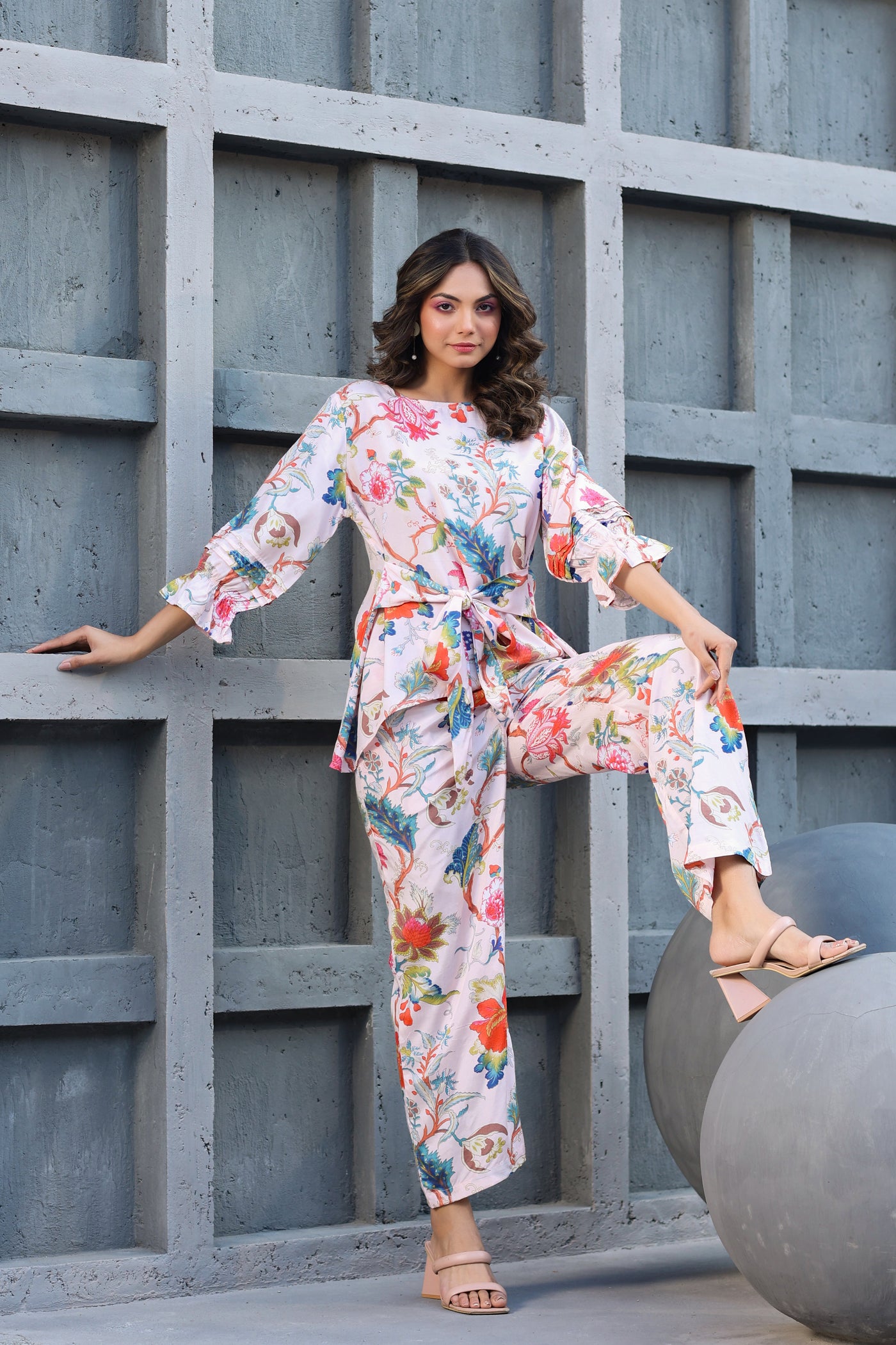 Floral Jaal on Pink Front Tie Silk Co ord set