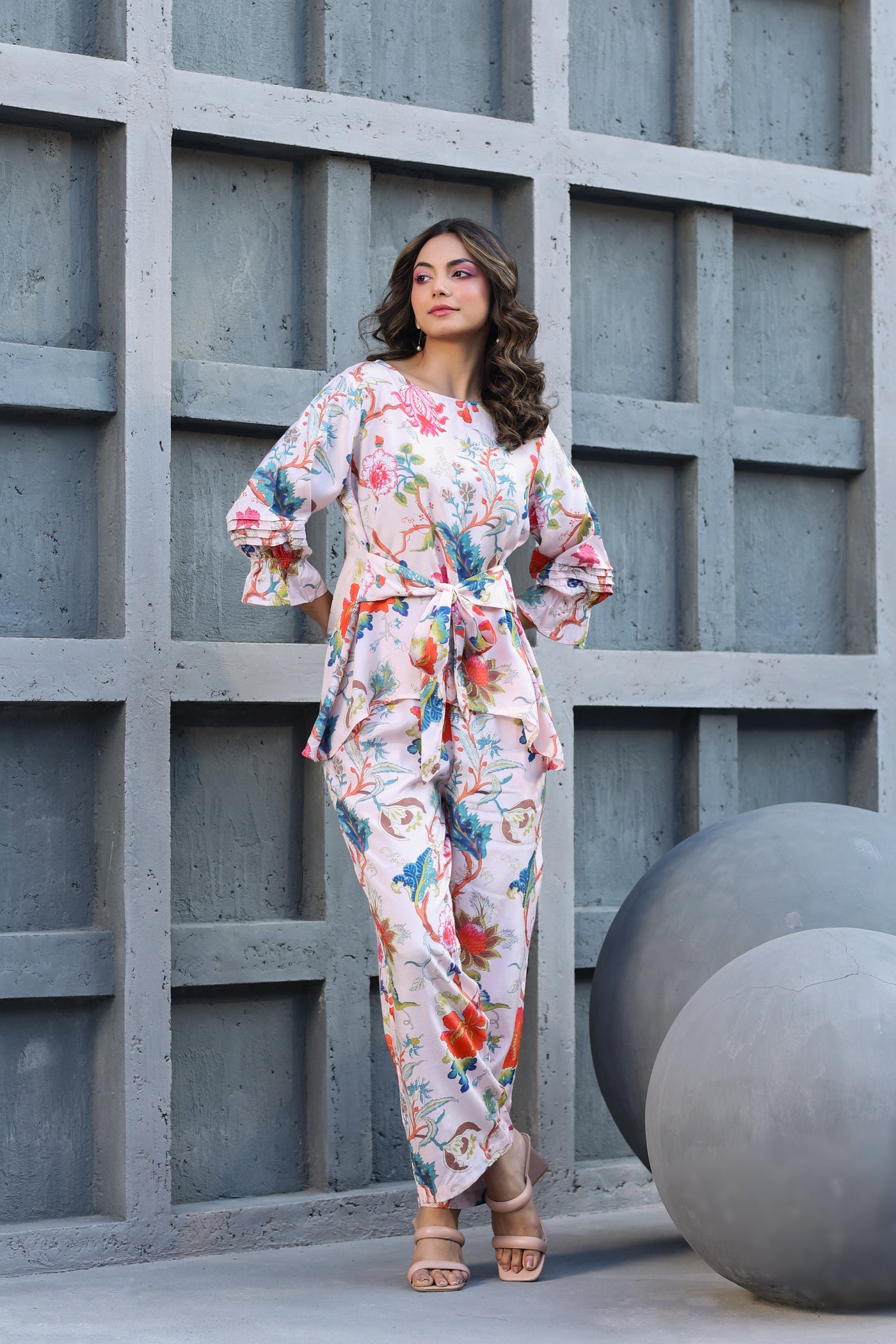 Floral Jaal On Pink Front Tie Silk Co Ord Set JISORA Floral jaal on pink front tie silk co ord set jisora