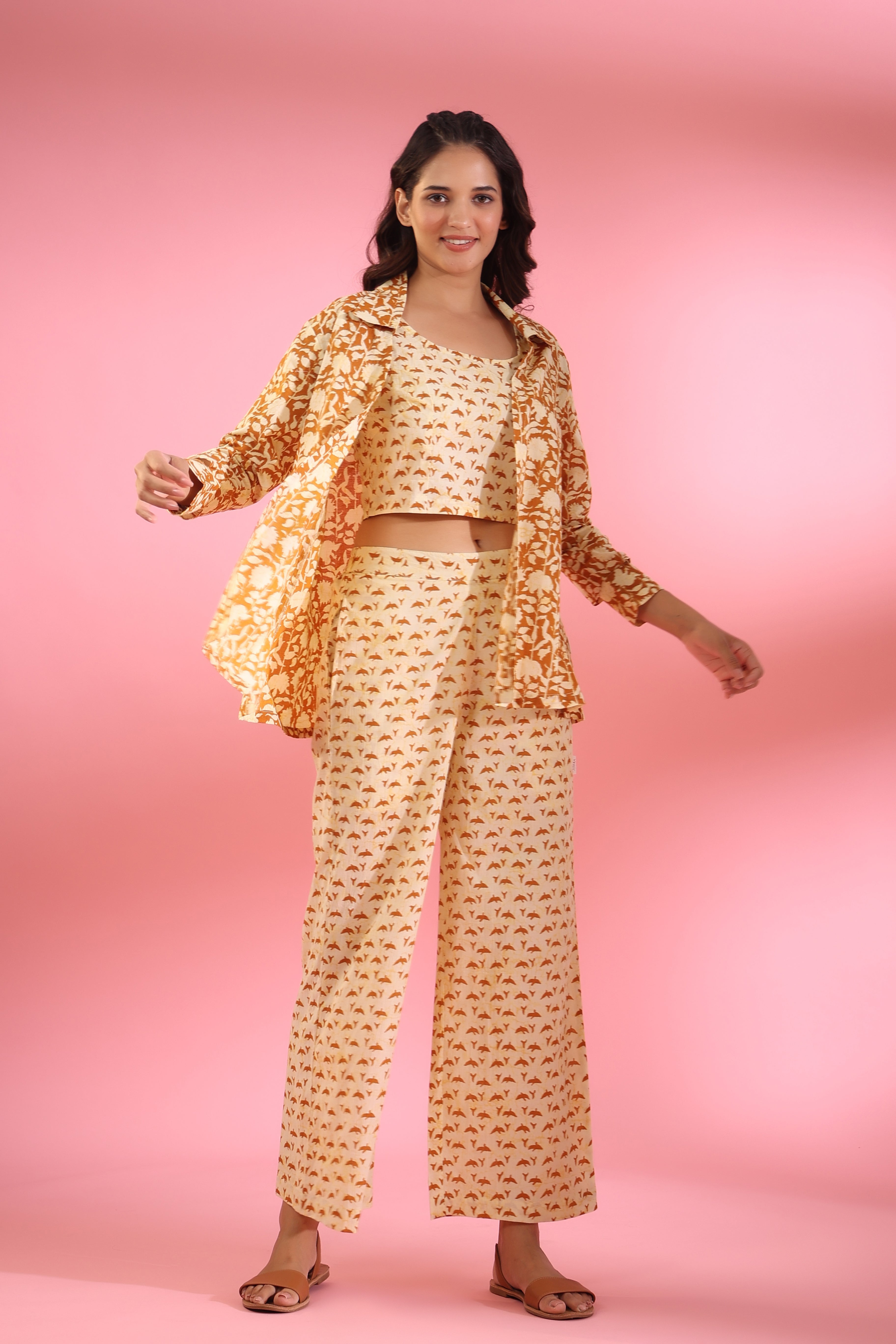 Motifs with Mustard Jaal on Shrug Cotton Three piece set