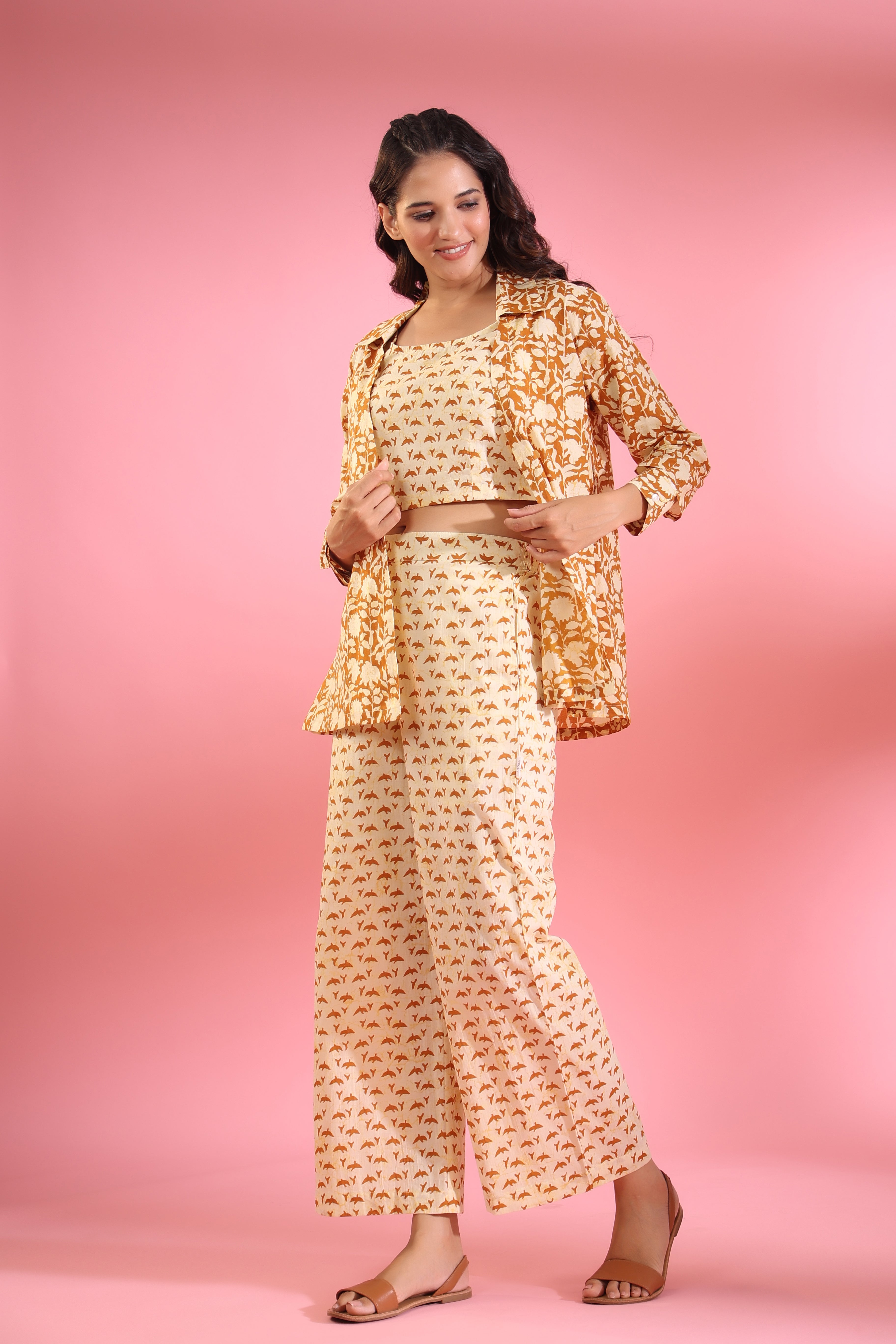 Motifs with Mustard Jaal on Shrug Cotton Three piece set