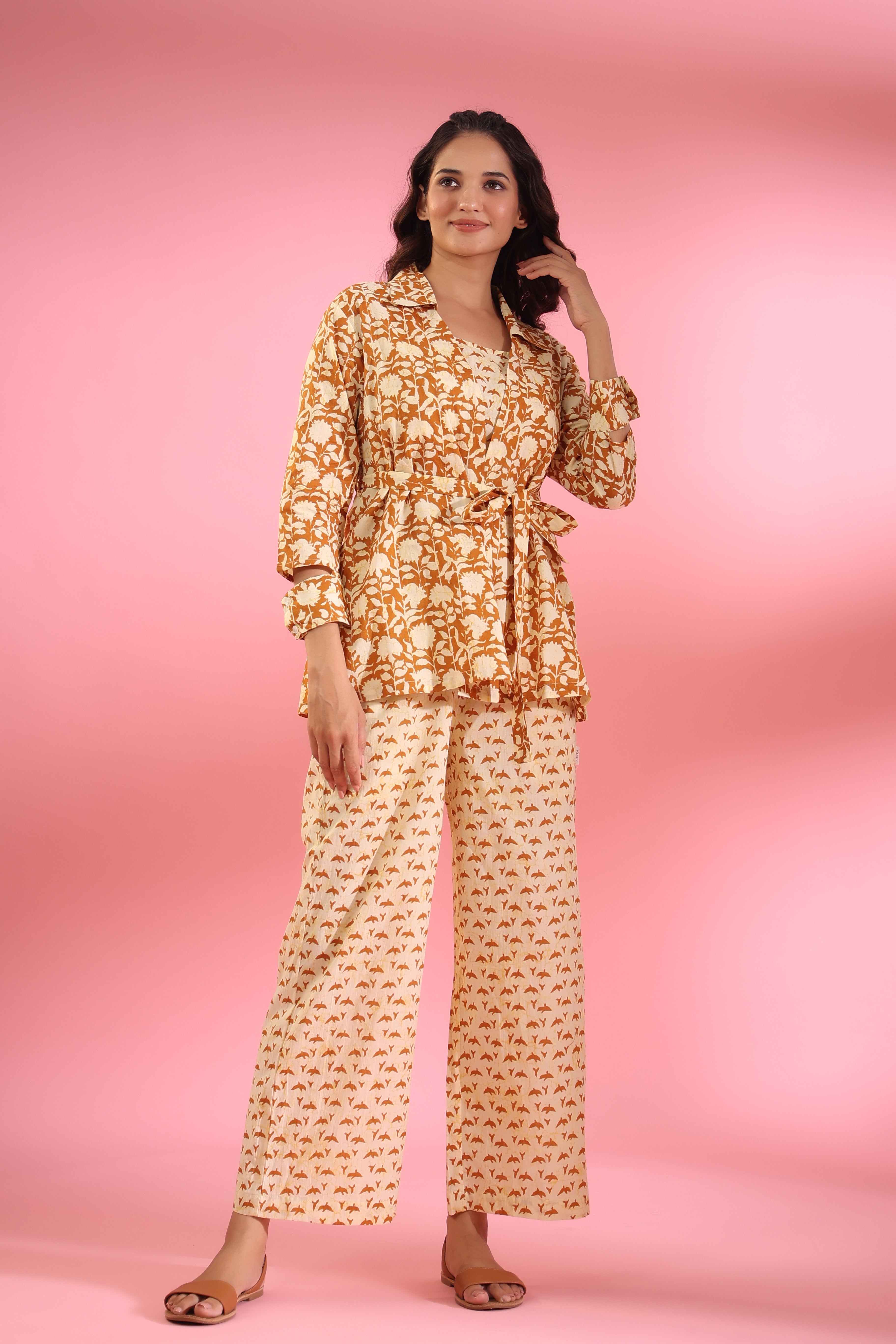 Motifs with Mustard Jaal on Shrug Cotton Three piece set