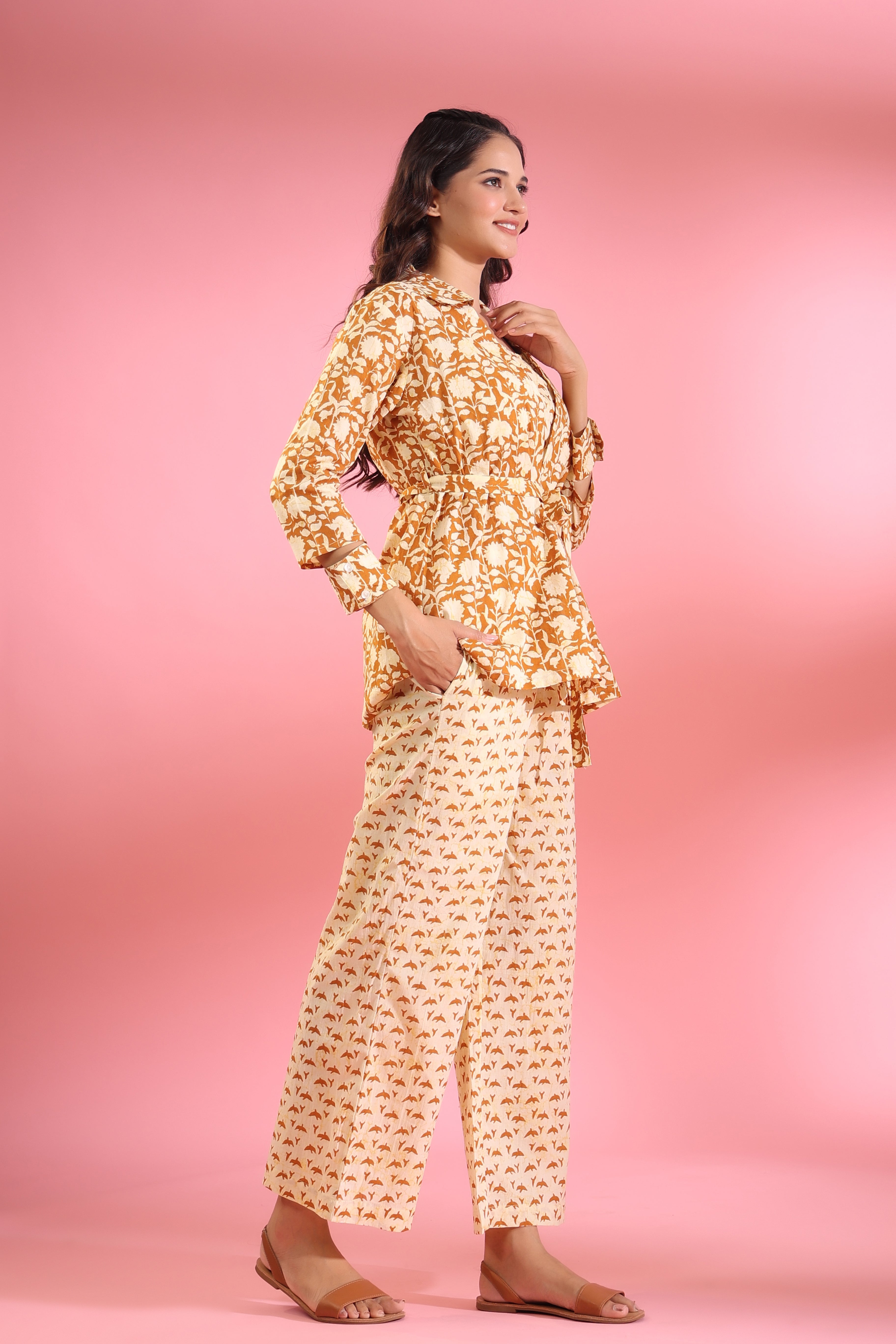 Motifs with Mustard Jaal on Shrug Cotton Three piece set