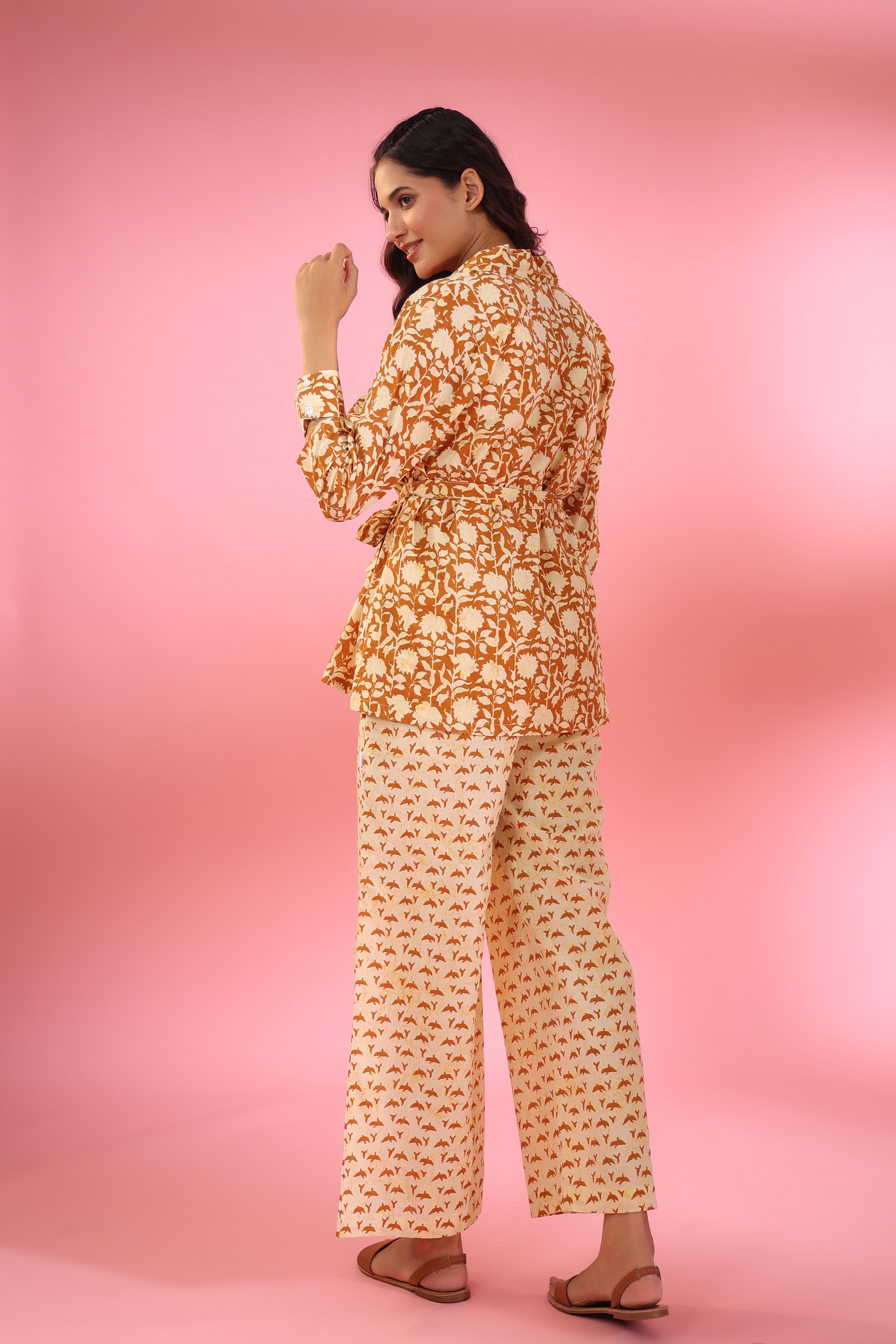 Motifs with Mustard Jaal on Shrug Cotton Three piece set