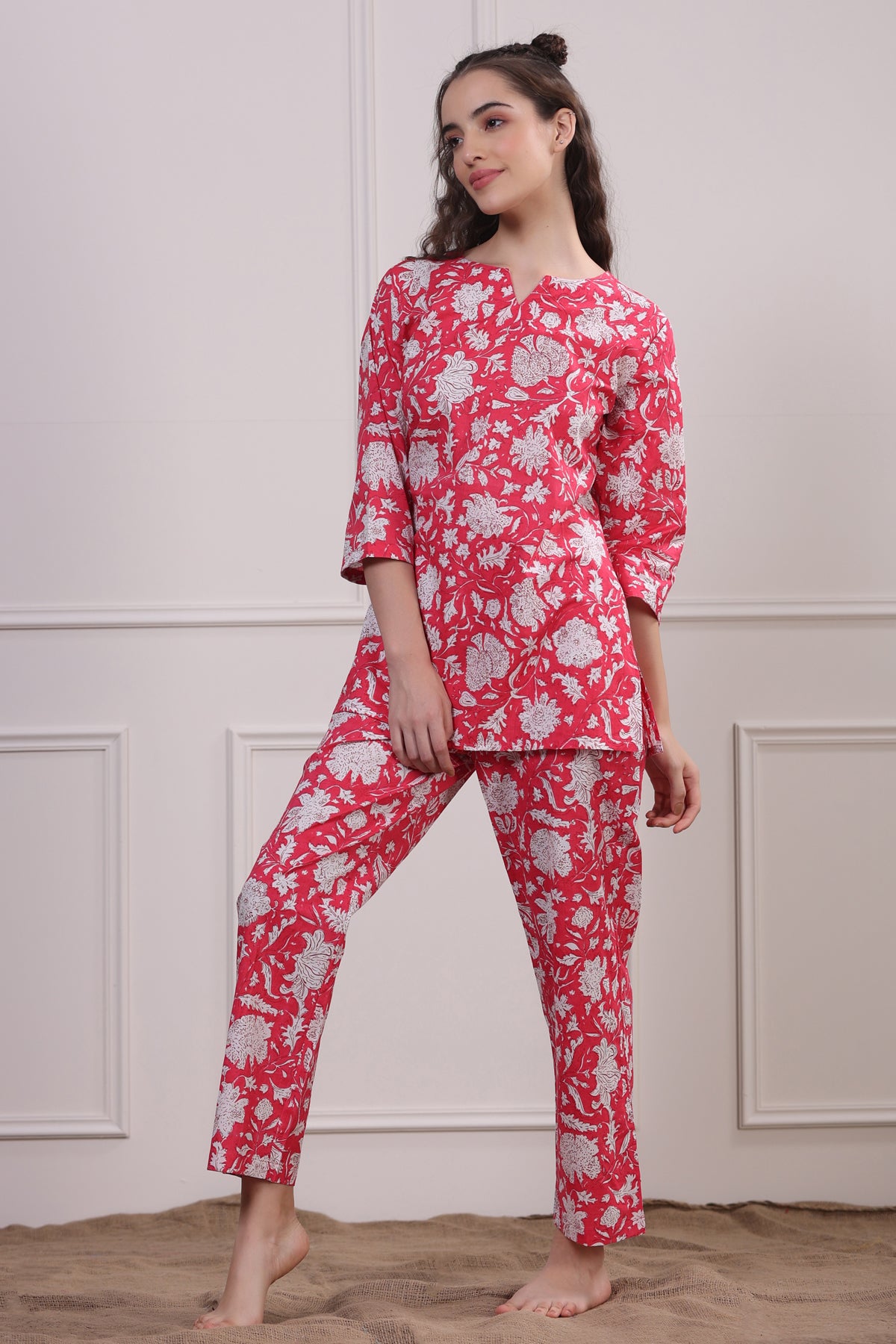 Floral Jaal On Pink Loungewear Top Set