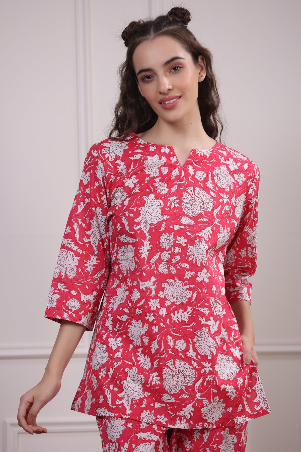 Floral Jaal On Pink Loungewear Top Set