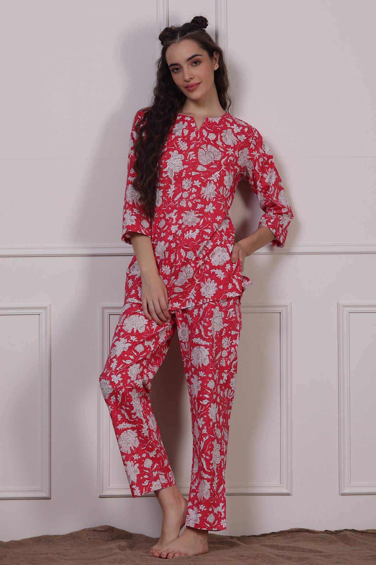 Floral Jaal On Pink Loungewear Top Set