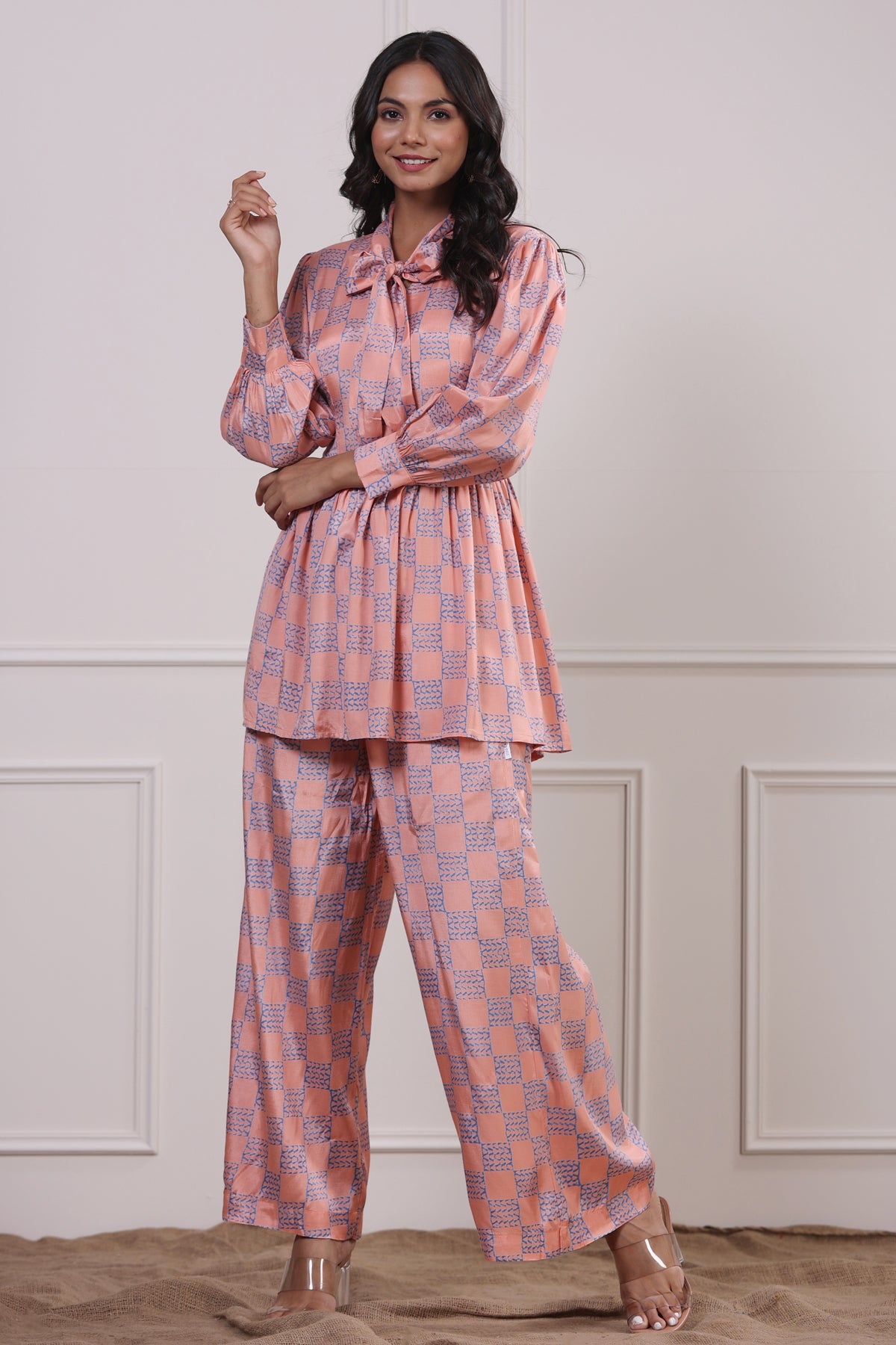 Checkered Pink Silk Co-ordinate Set