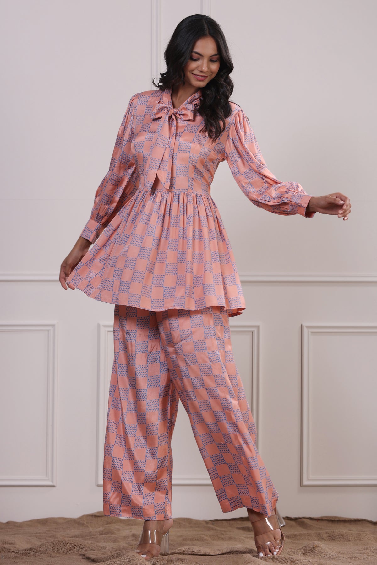 Checkered Pink Silk Co-ordinate Set