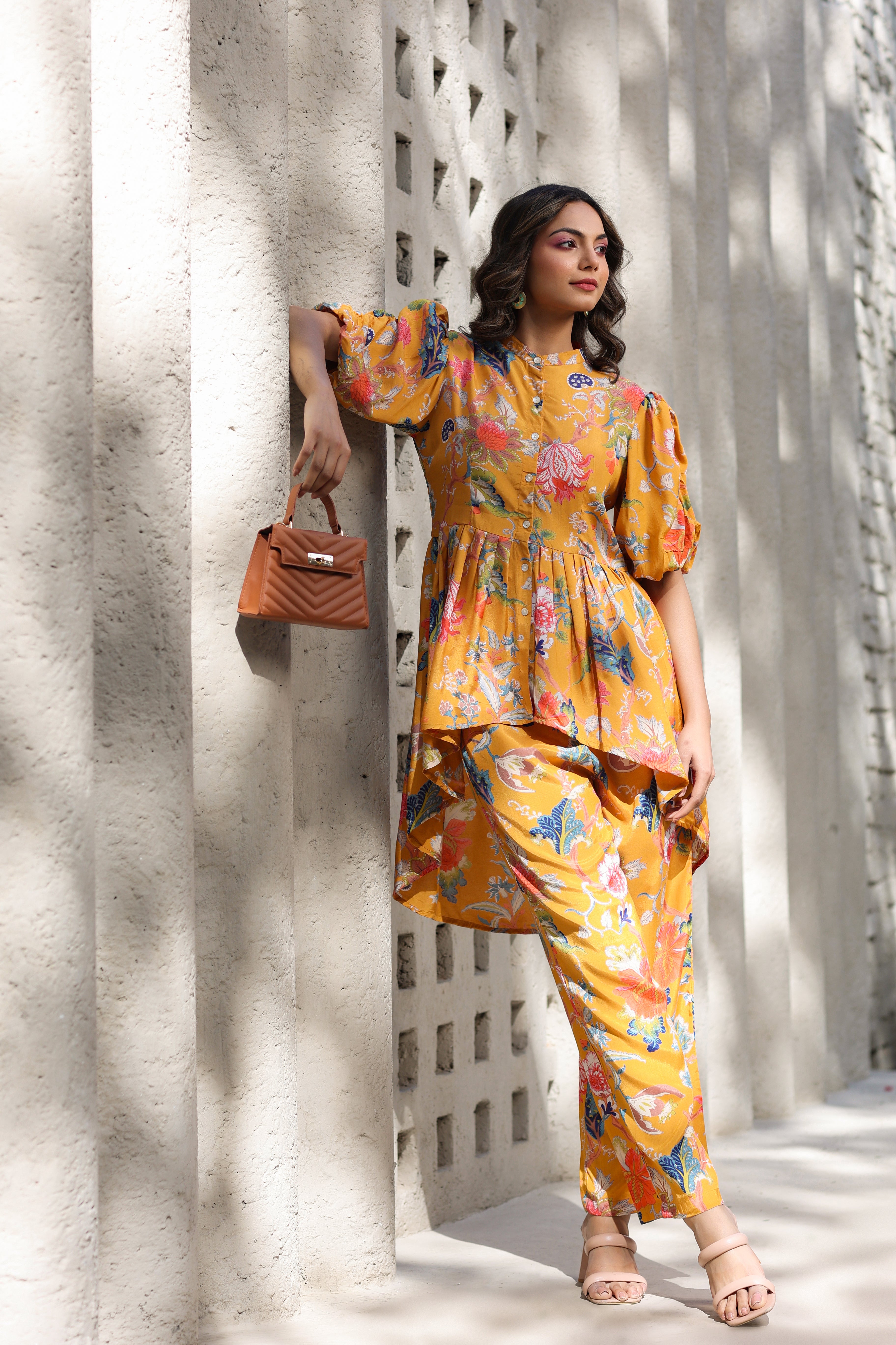 Floral Jaal on a Mustard Silk Peplum Co ord Set