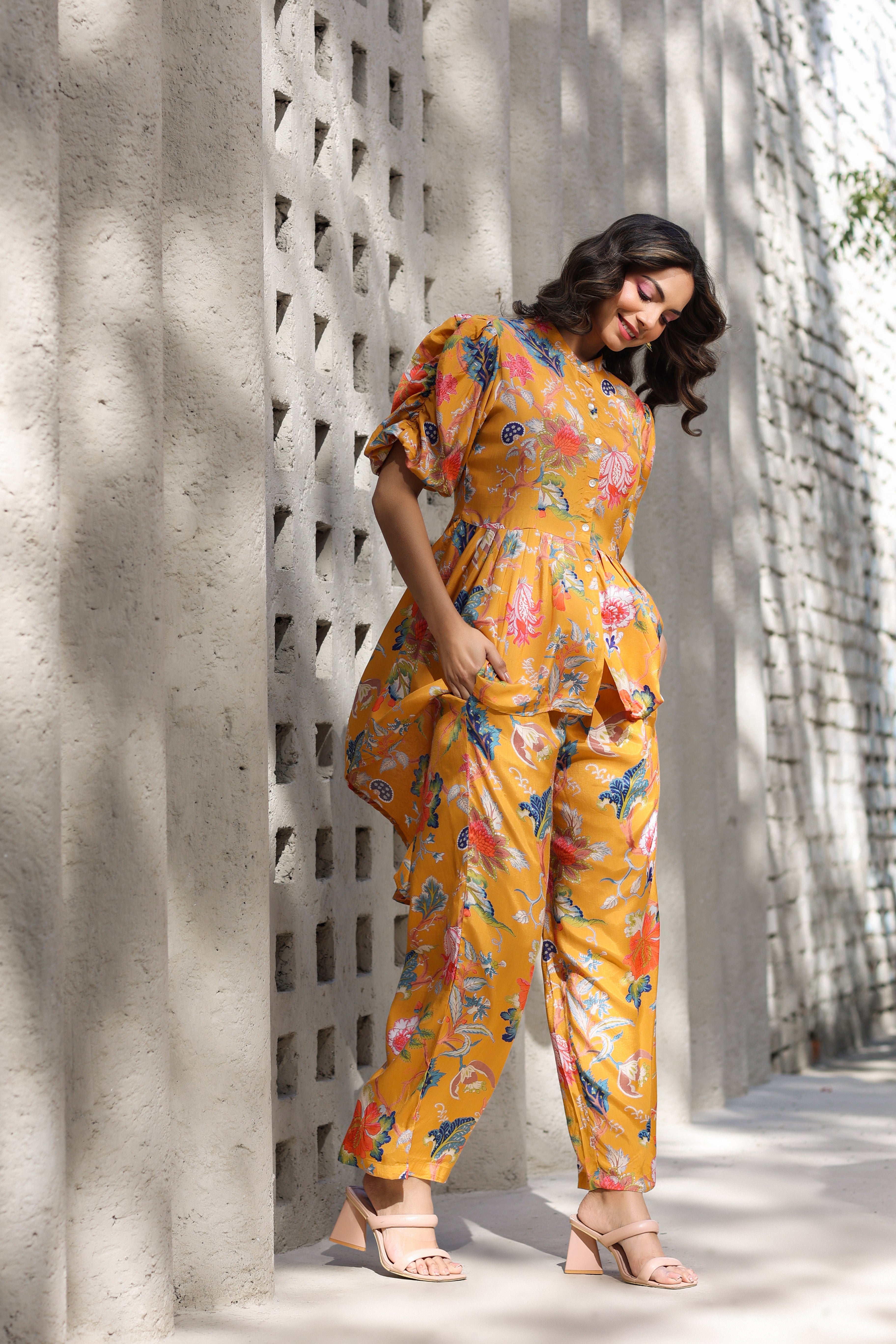 Floral Jaal on a Mustard Silk Peplum Co ord Set