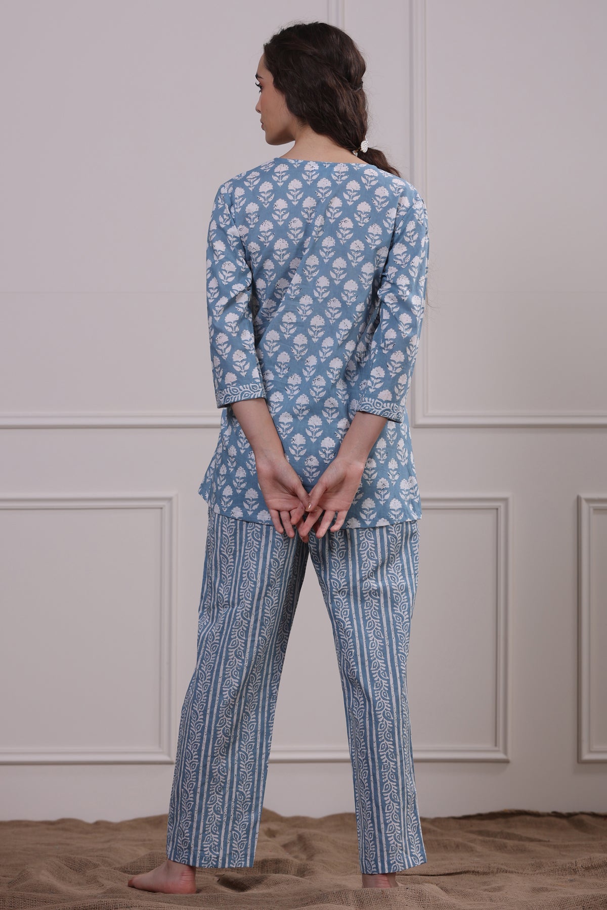 Floral Motifs with Stripes on Sky Blue Loungewear Top Set