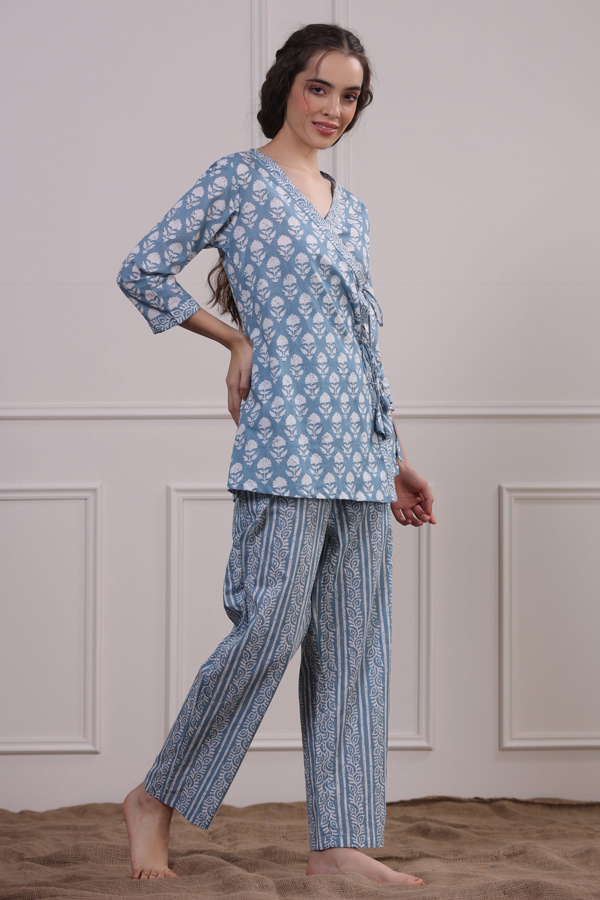 Floral Motifs with Stripes on Sky Blue Loungewear Top Set