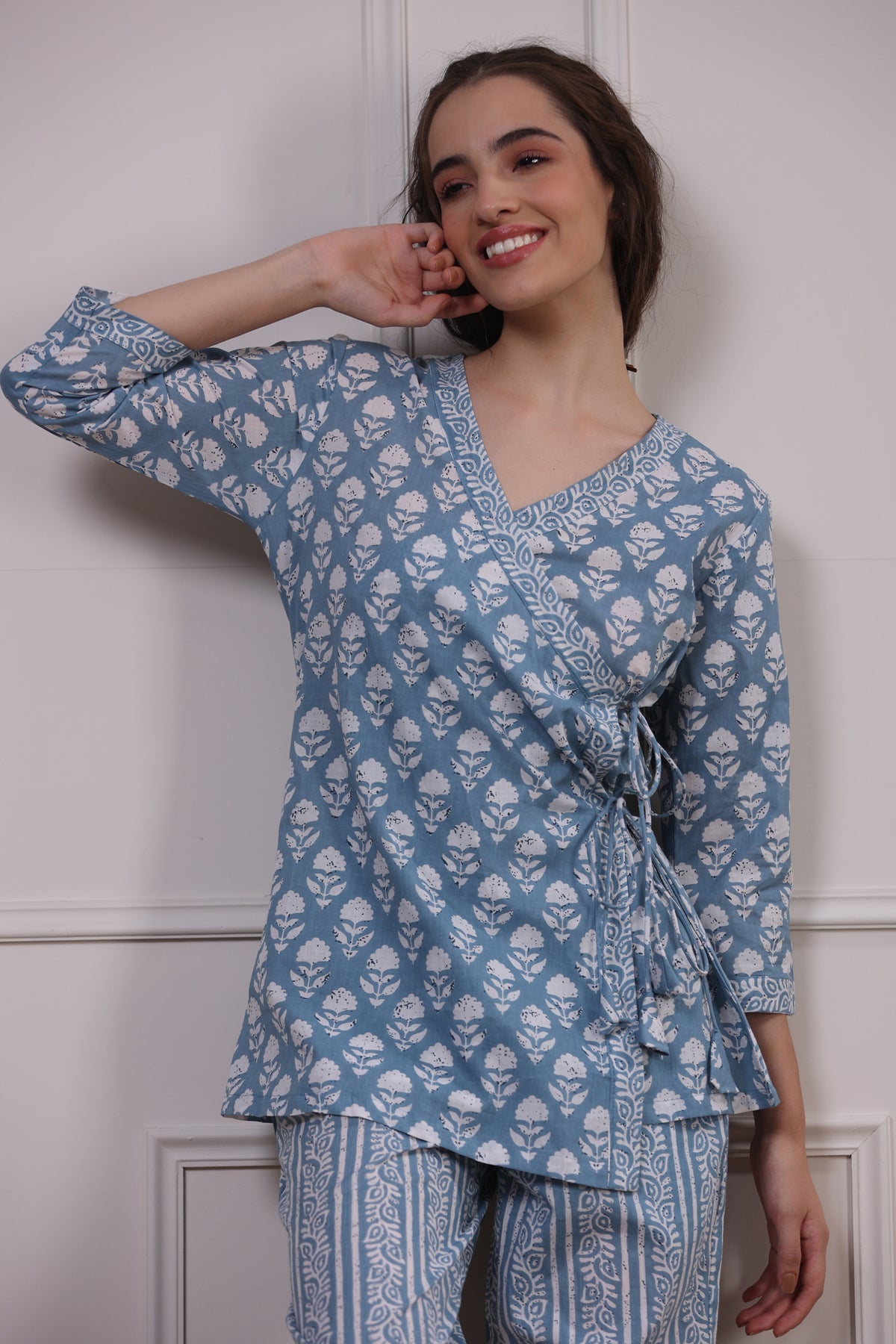 Floral Motifs with Stripes on Sky Blue Loungewear Top Set