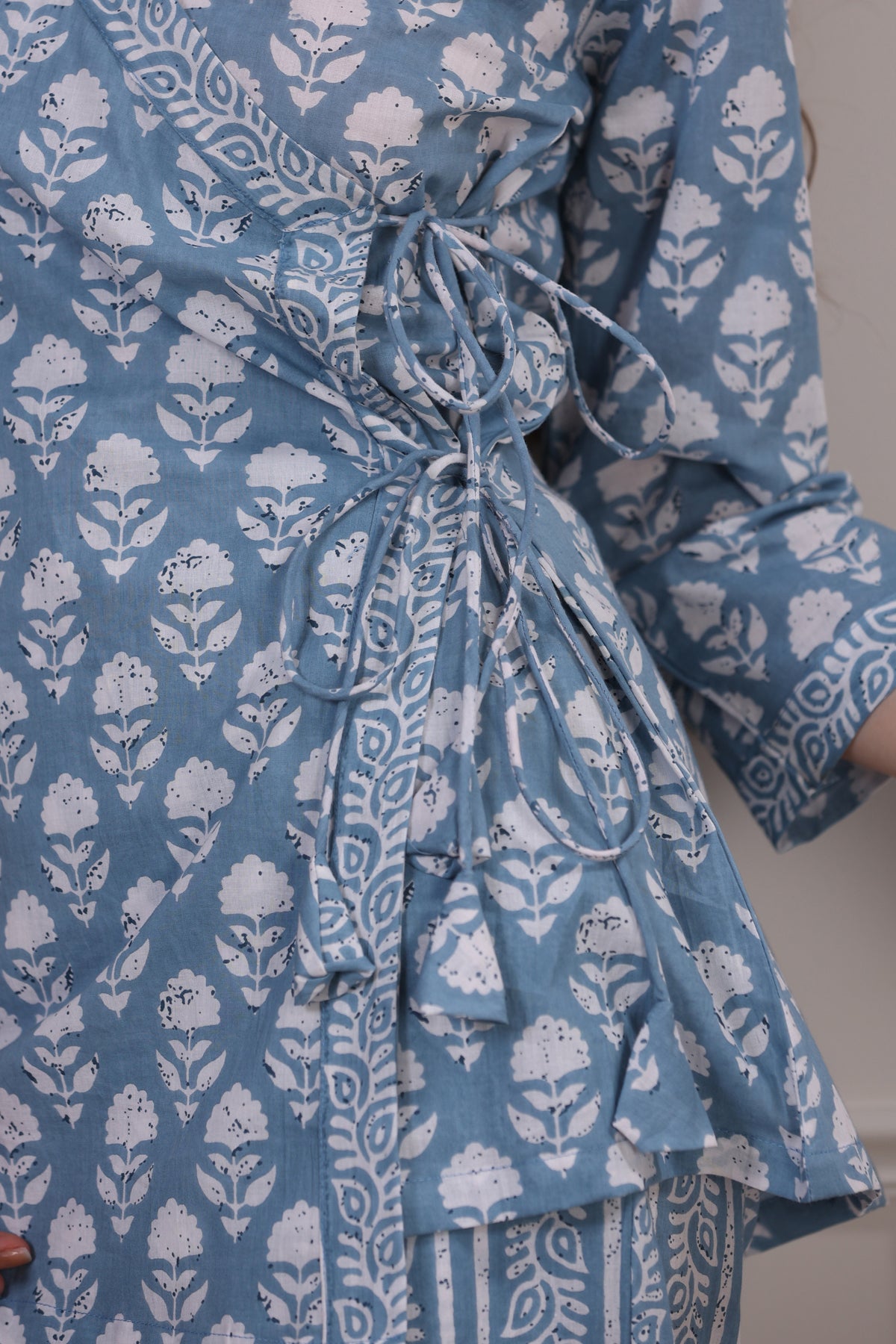 Floral Motifs with Stripes on Sky Blue Loungewear Top Set