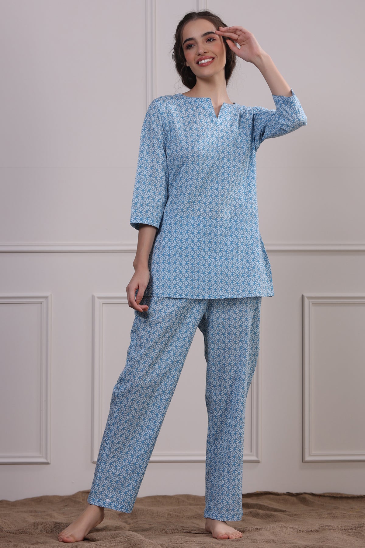 Floral Mosaic on Light Blue Loungewear Top Set