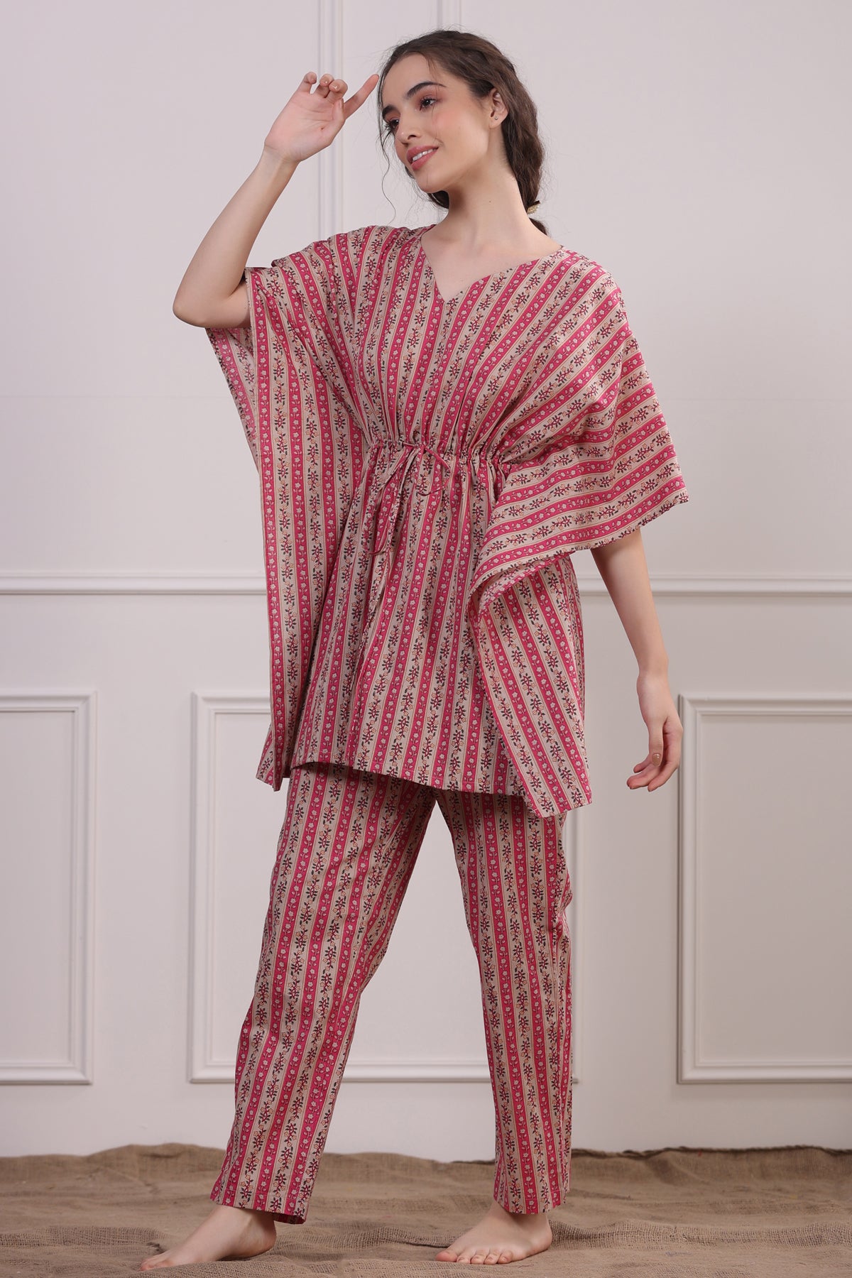 Patterned Twines on Pink Kaftan Pyjama Set