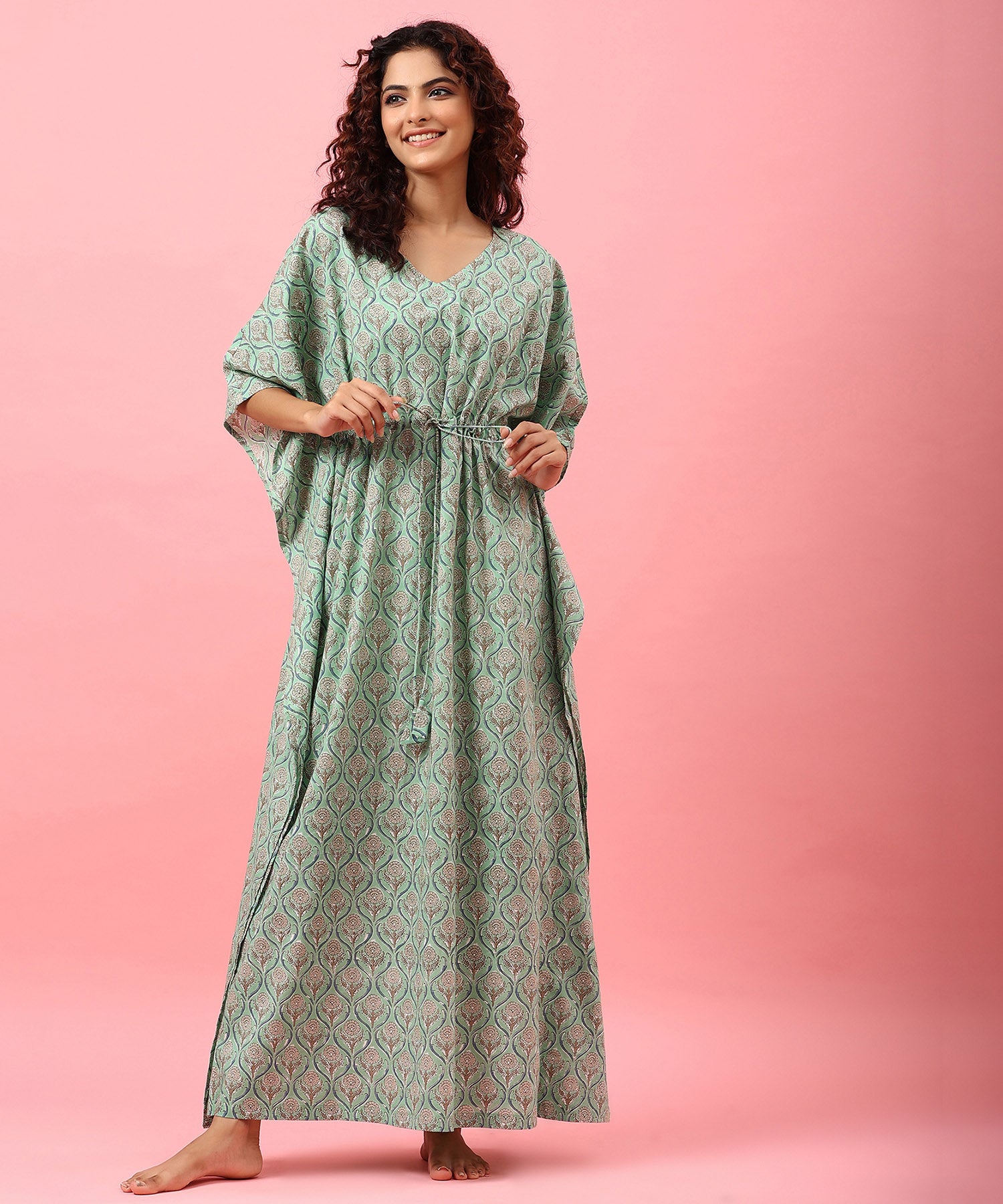 Sehra Light Green Cotton Kaftan