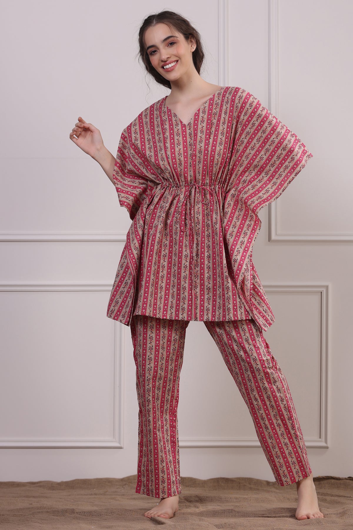 Patterned Twines on Pink Kaftan Pyjama Set