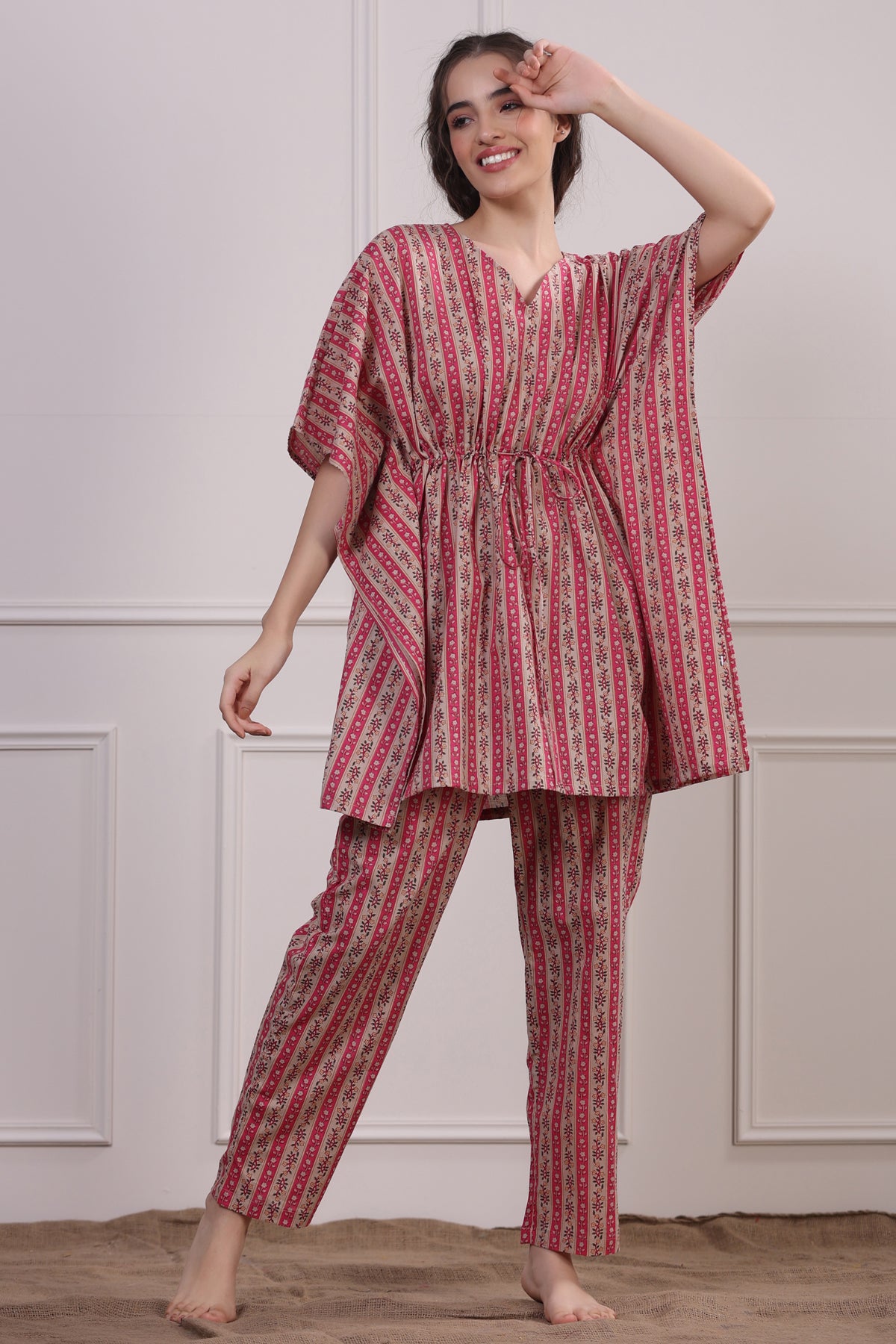 Patterned Twines on Pink Kaftan Pyjama Set