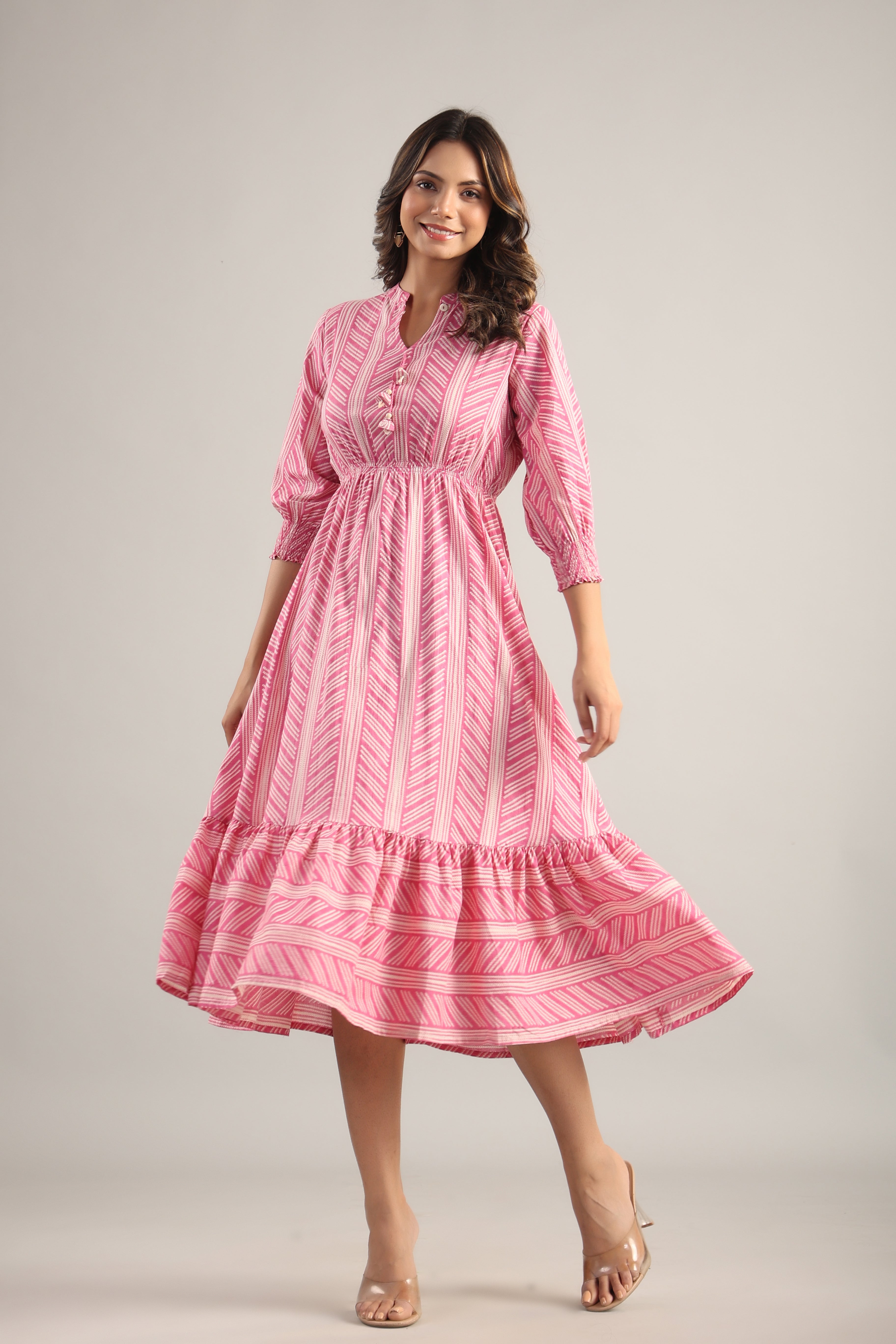 Patterned Shibori on Pink MIDI Cotton Dress