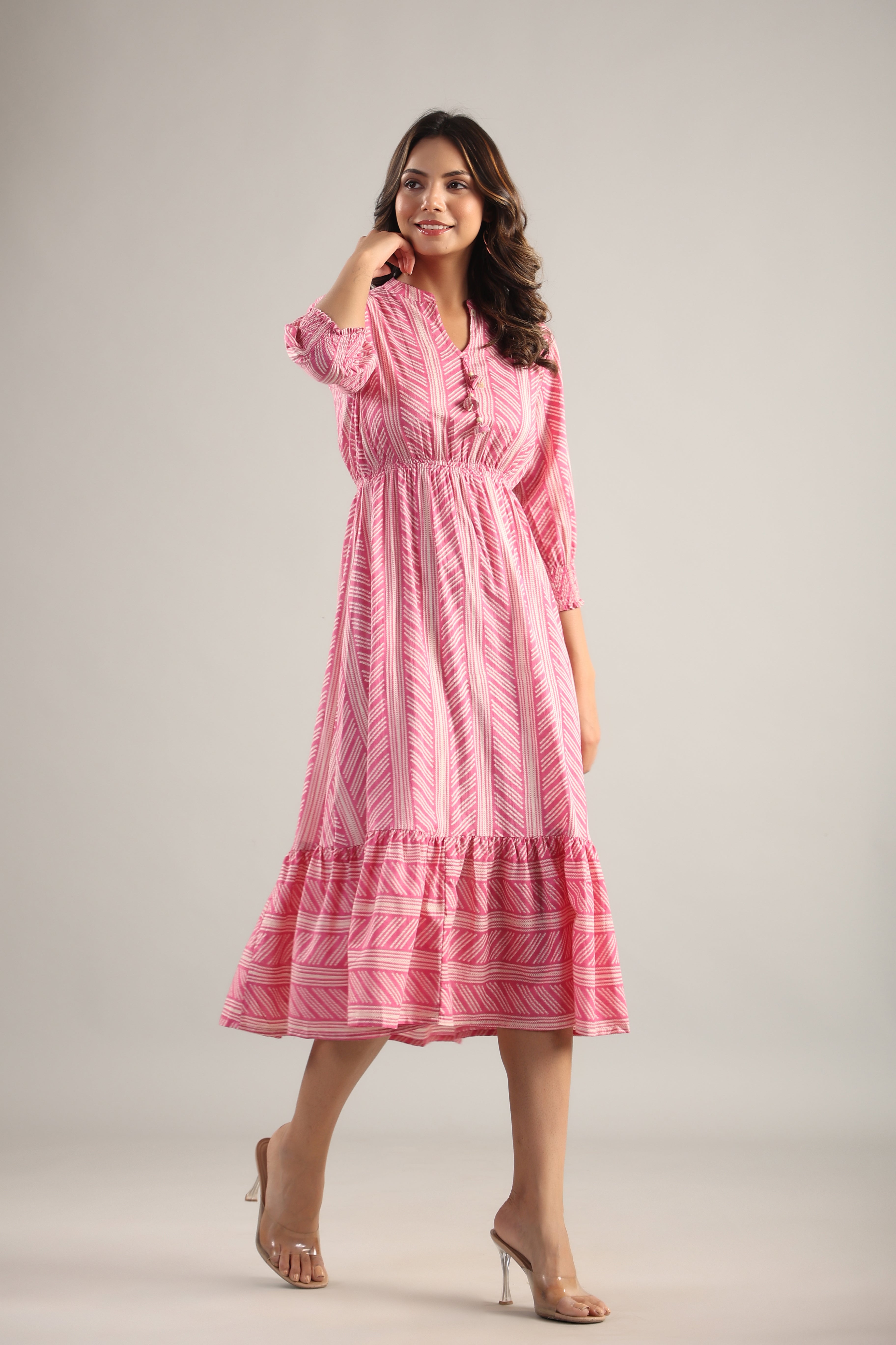 Patterned Shibori on Pink MIDI Cotton Dress