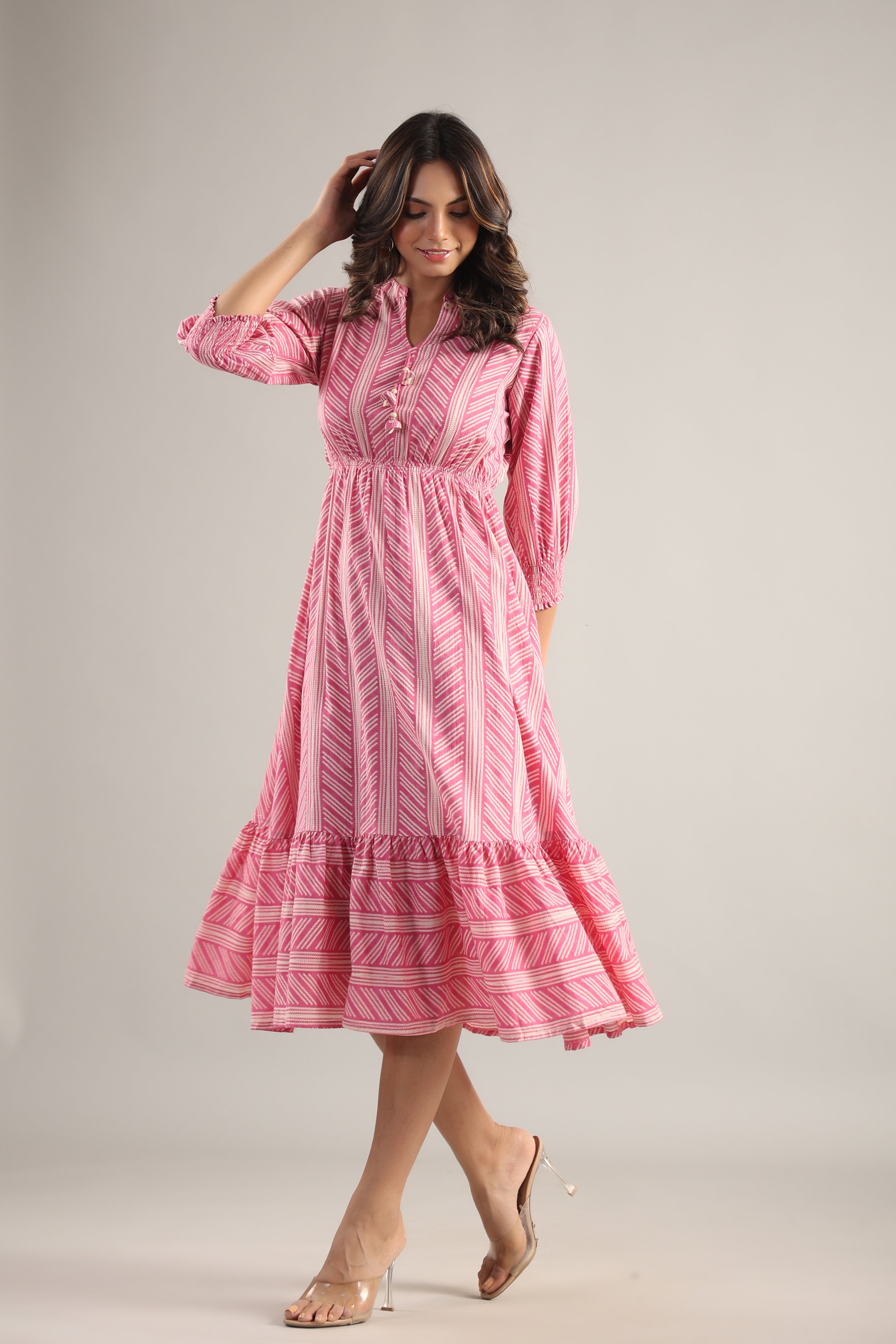 Patterned Shibori on Pink MIDI Cotton Dress