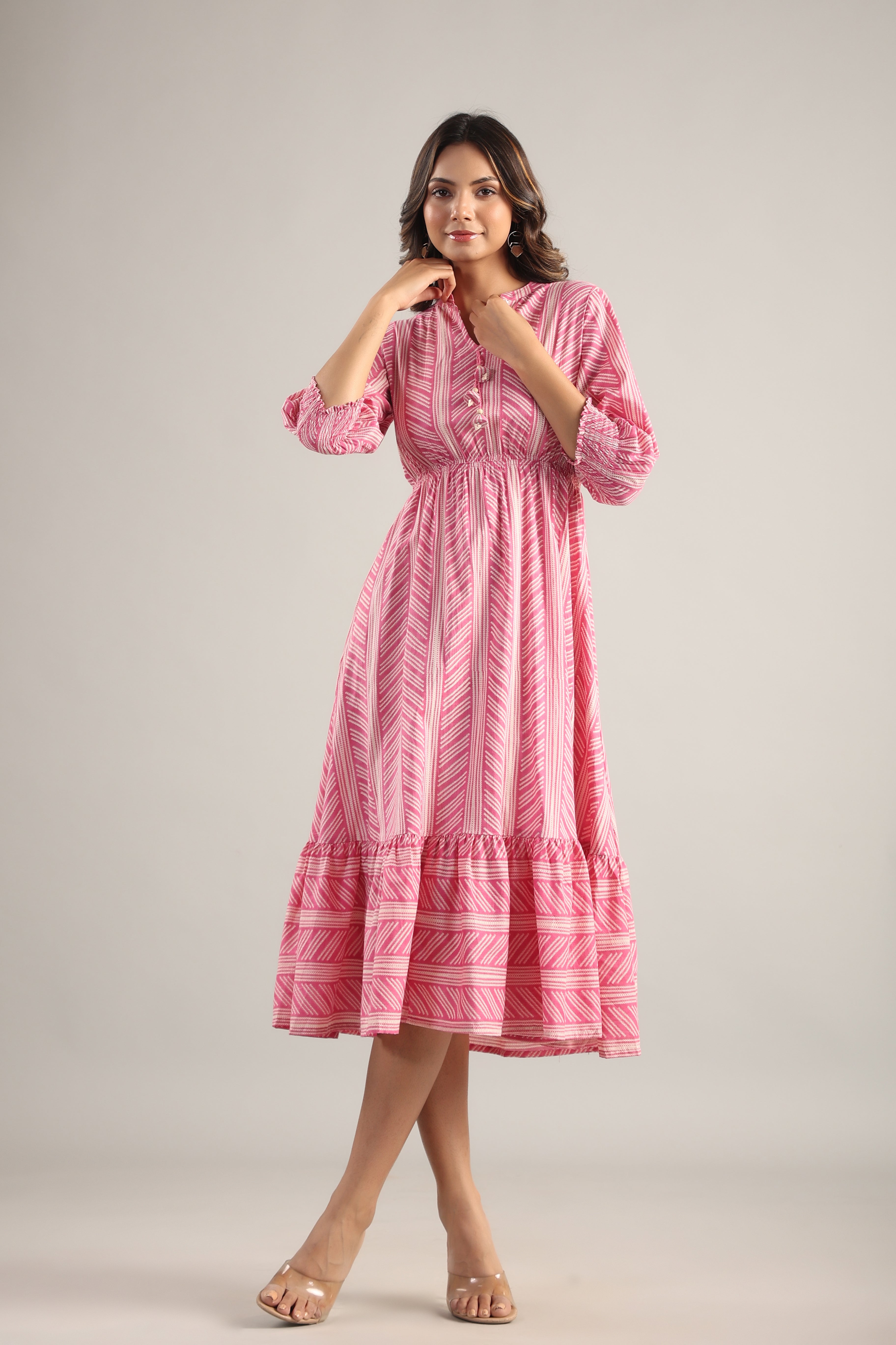 Patterned Shibori on Pink MIDI Cotton Dress