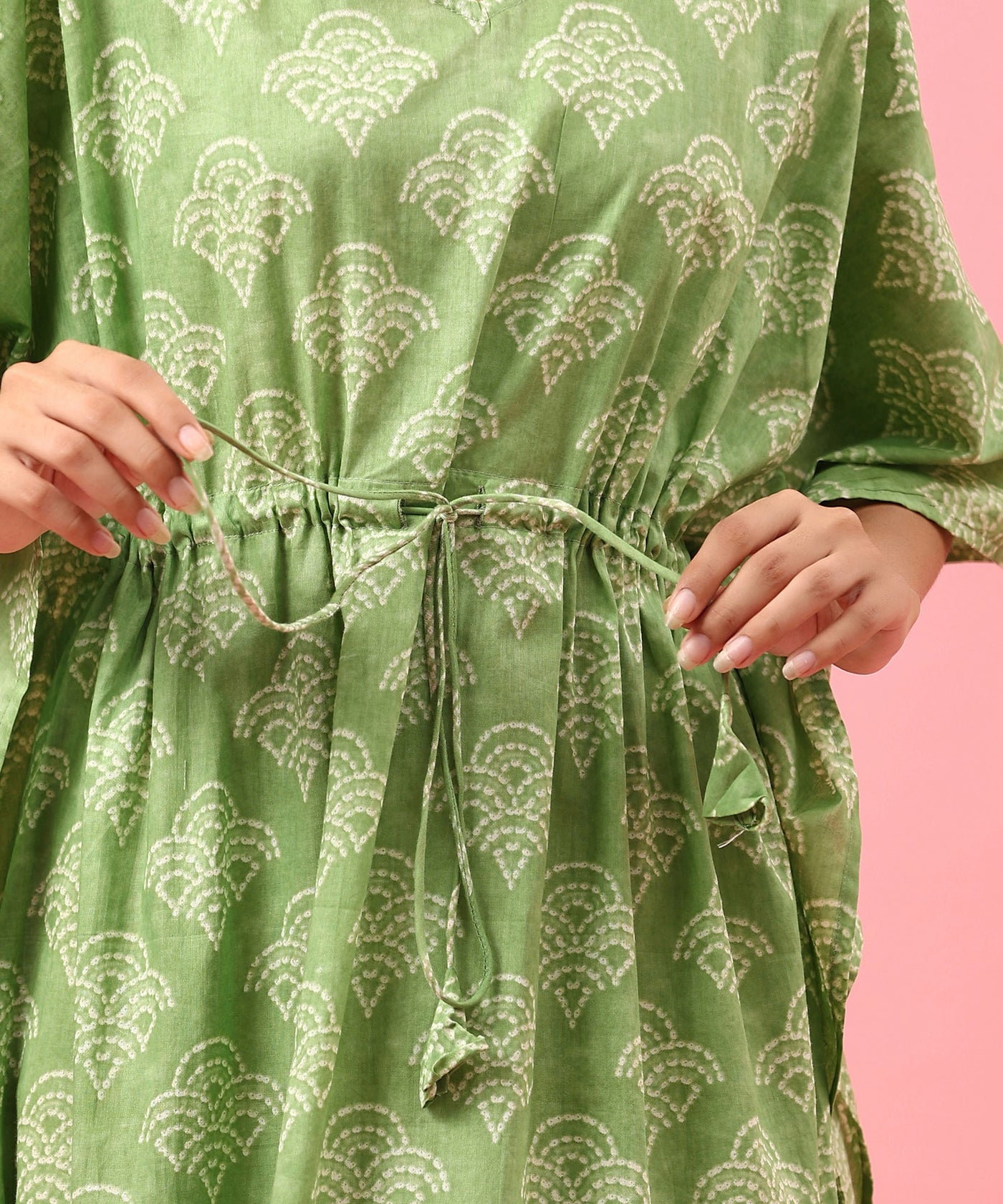 Floral Shibori on Green Cotton Kaftan