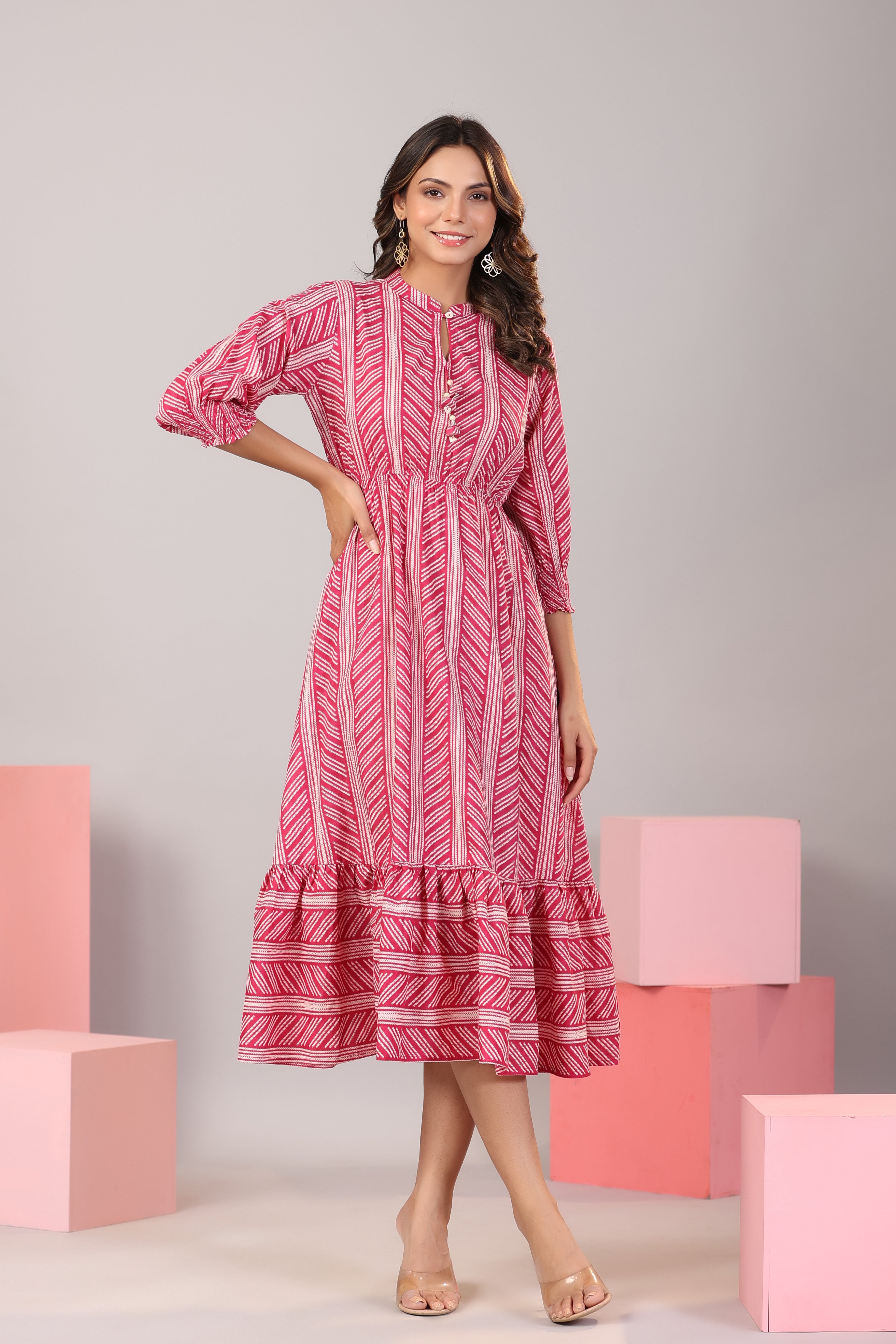 Patterned Shibori on Hot Pink MIDI Cotton Dress