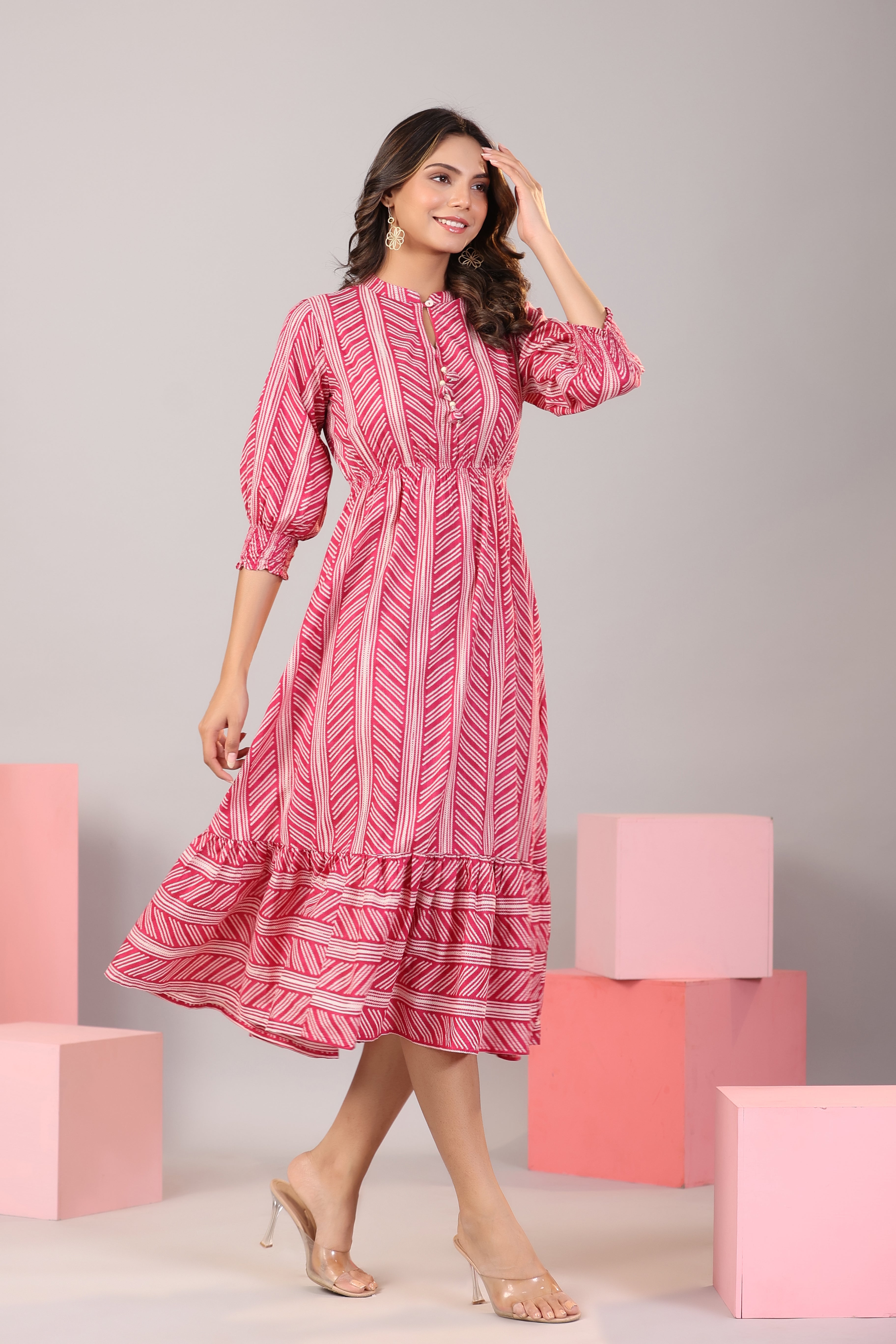 Patterned Shibori on Hot Pink MIDI Cotton Dress