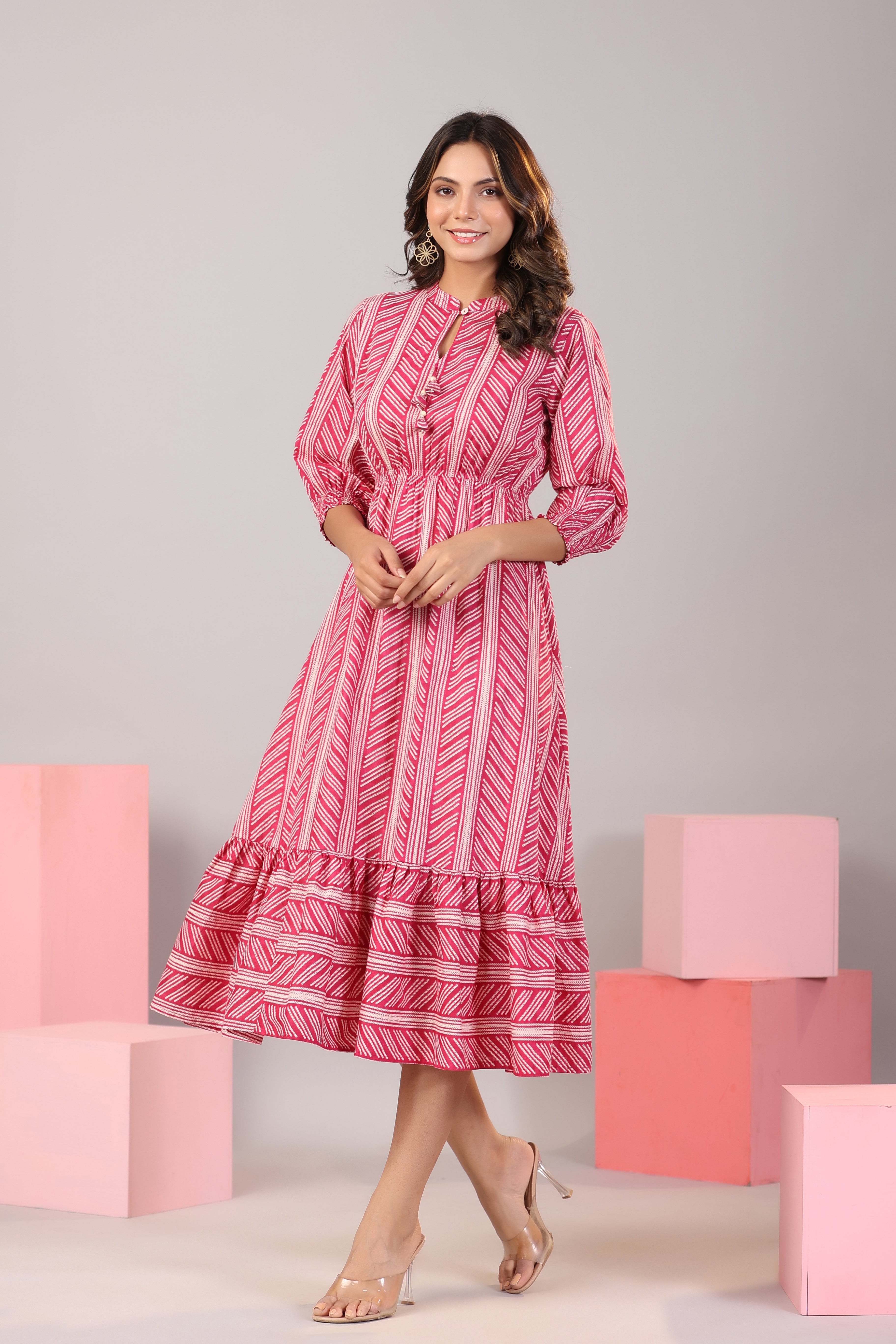 Patterned Shibori on Hot Pink MIDI Cotton Dress