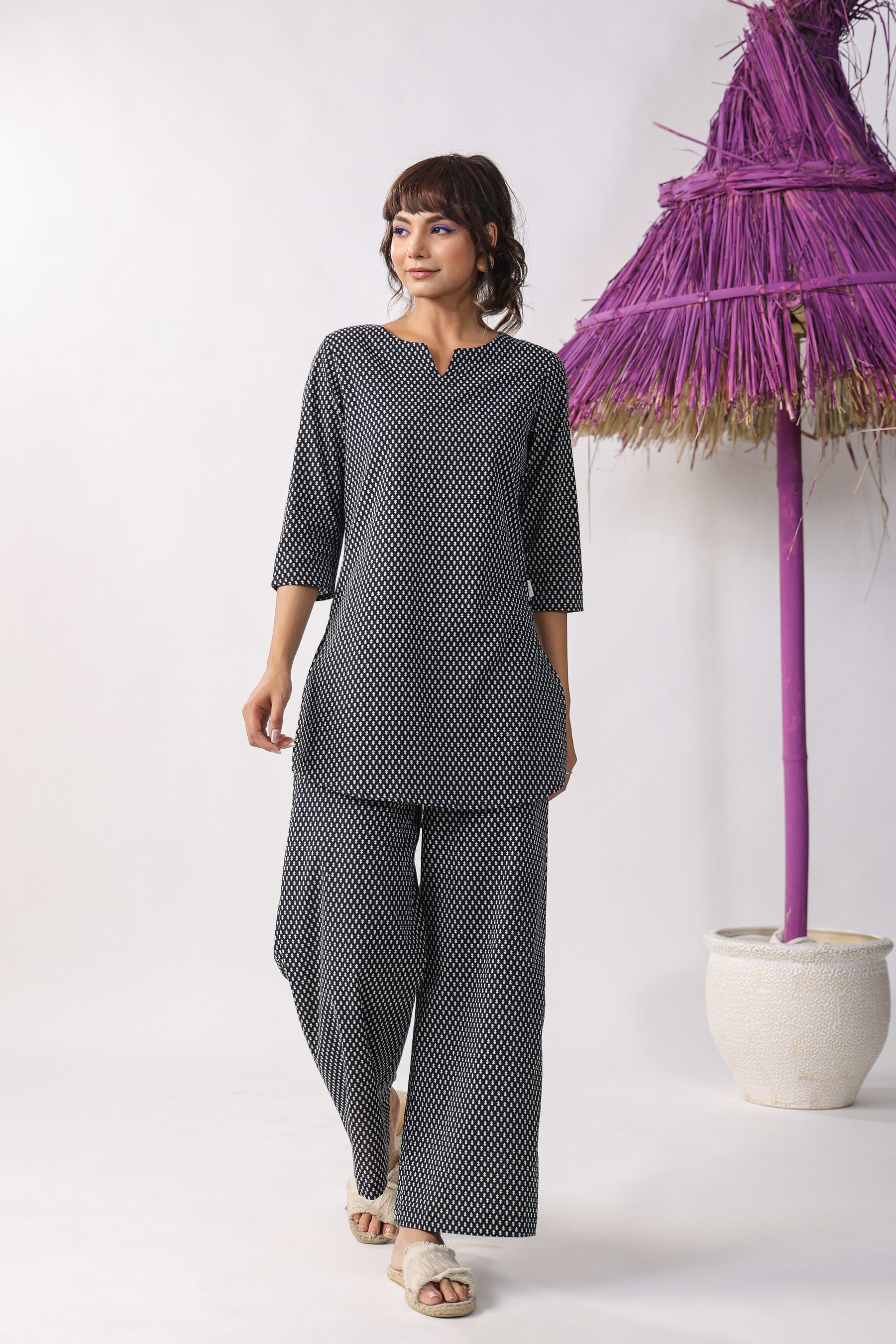 Black Butis on Cotton Palazzo Loungewear Set