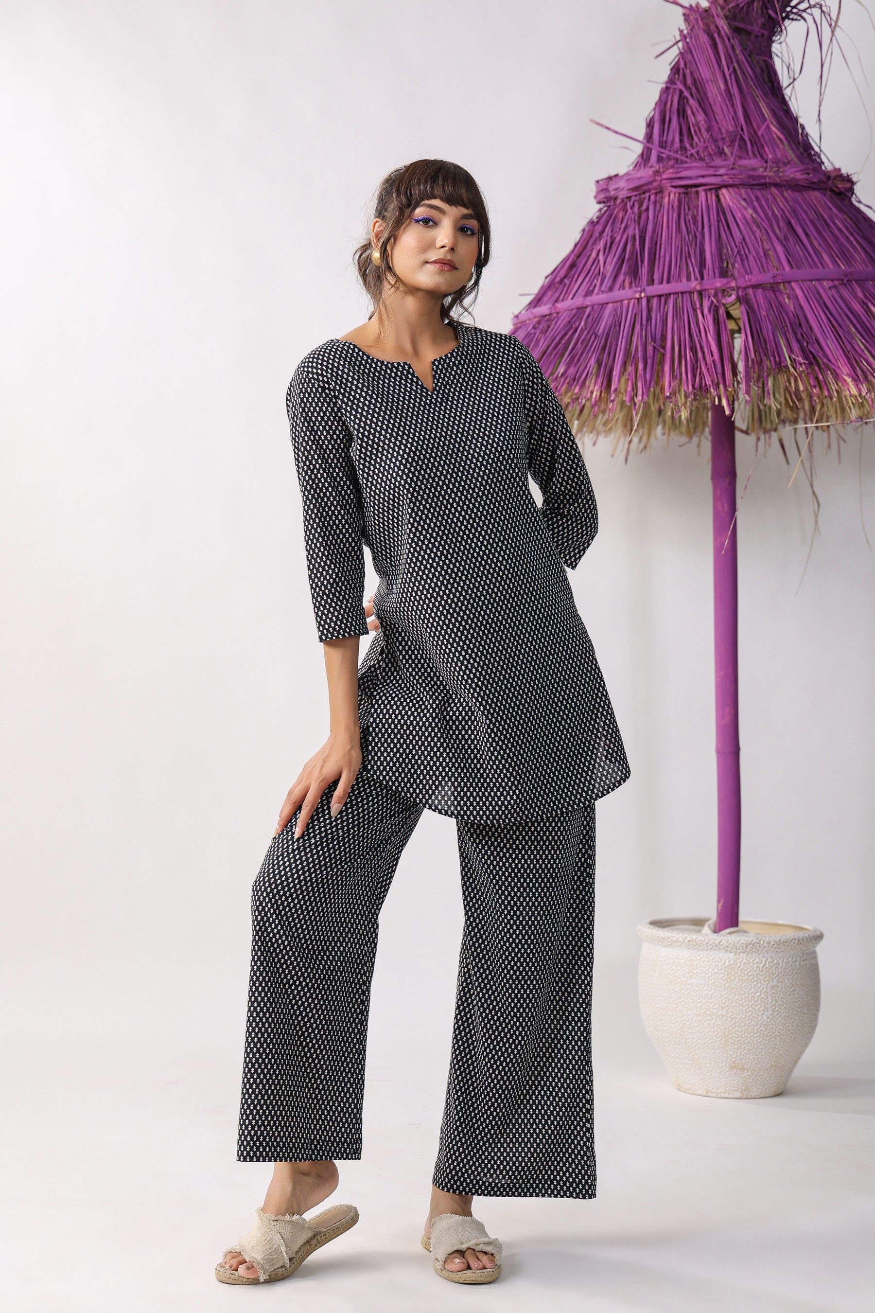 Black Butis on Cotton Palazzo Loungewear Set