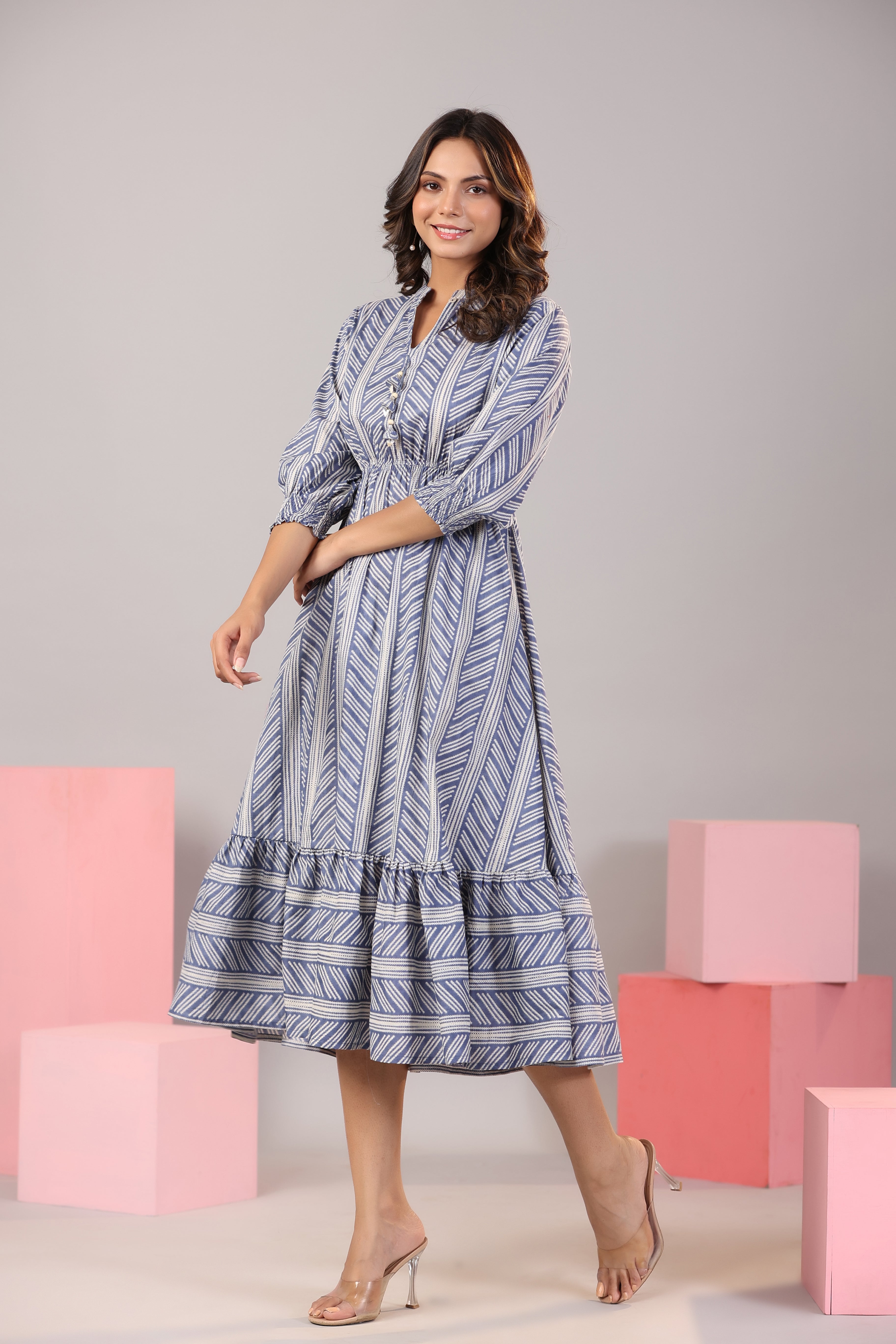 Patterned Shibori on Blue MIDI Cotton Dress