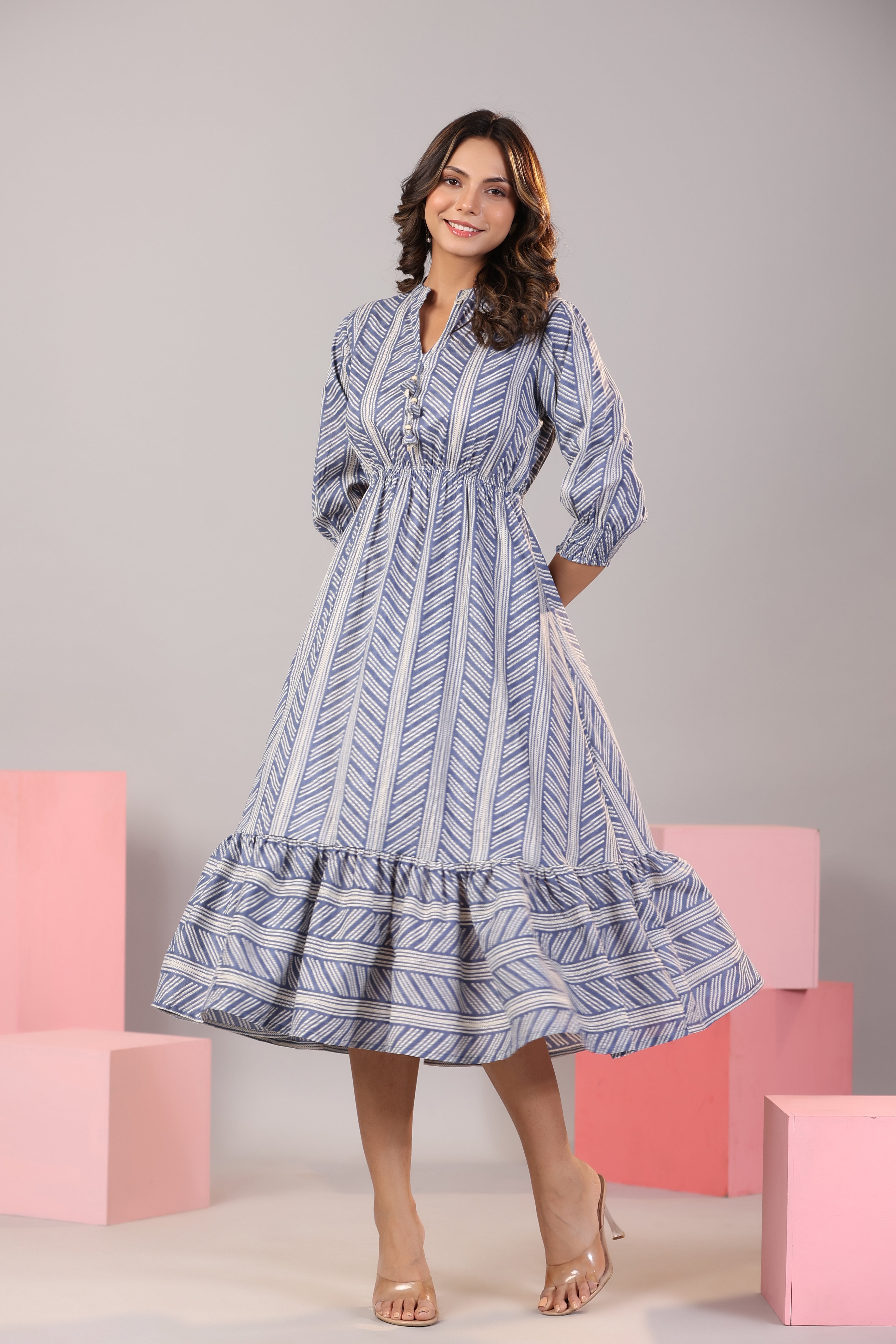 Patterned Shibori on Blue MIDI Cotton Dress