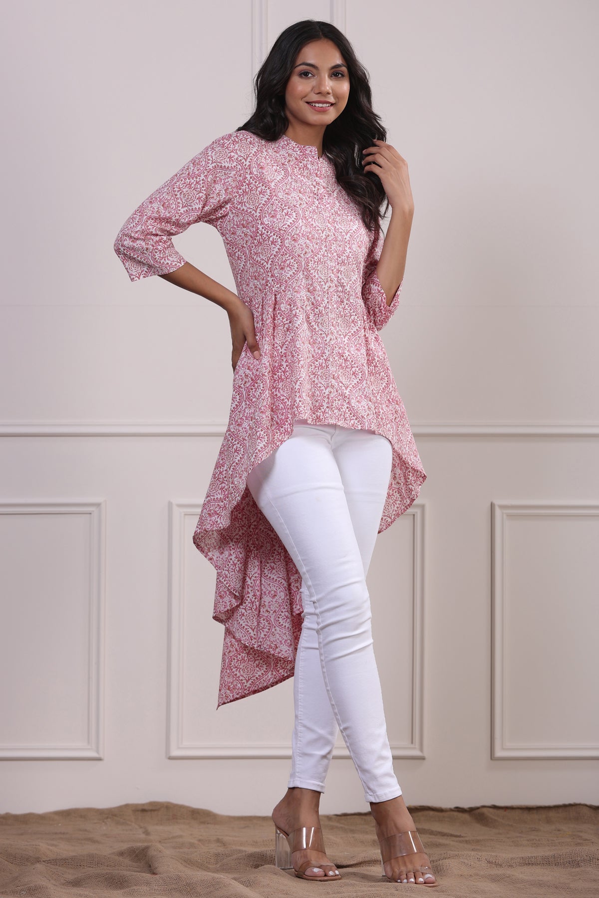 Bougainvillea on Off-white Short Kurti