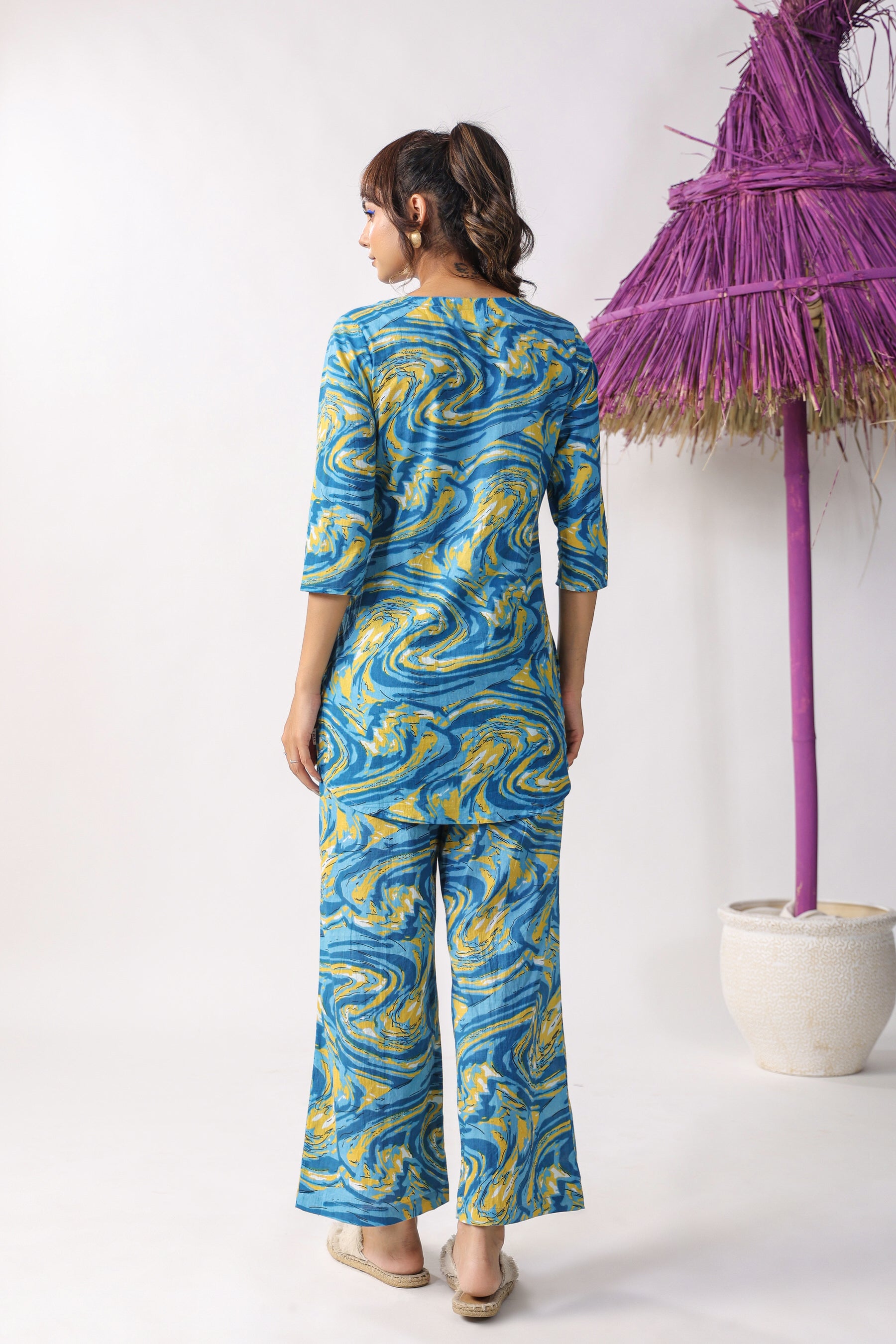 Marble Print Blue Cotton Palazzo Loungewear Set