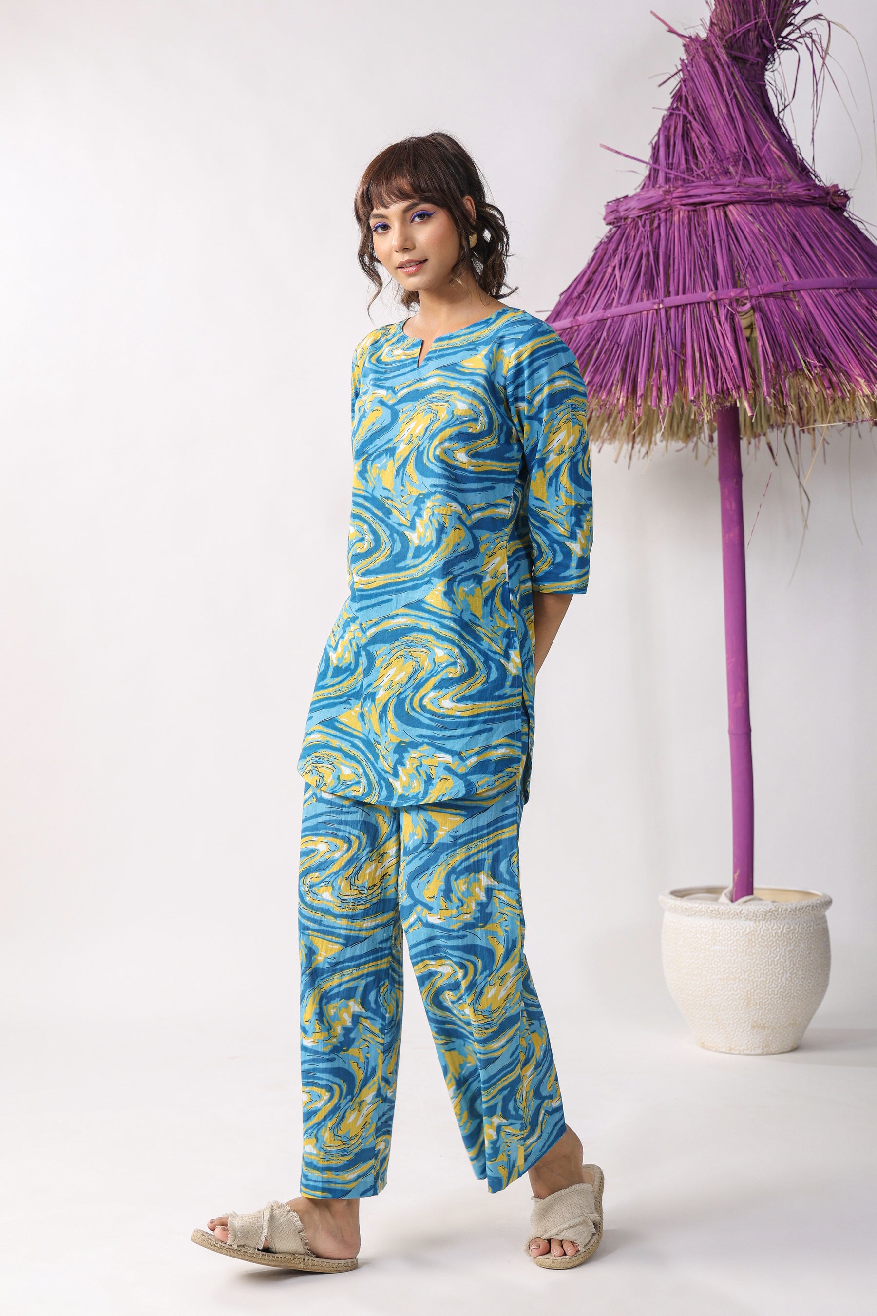 Marble Print Blue Cotton Palazzo Loungewear Set