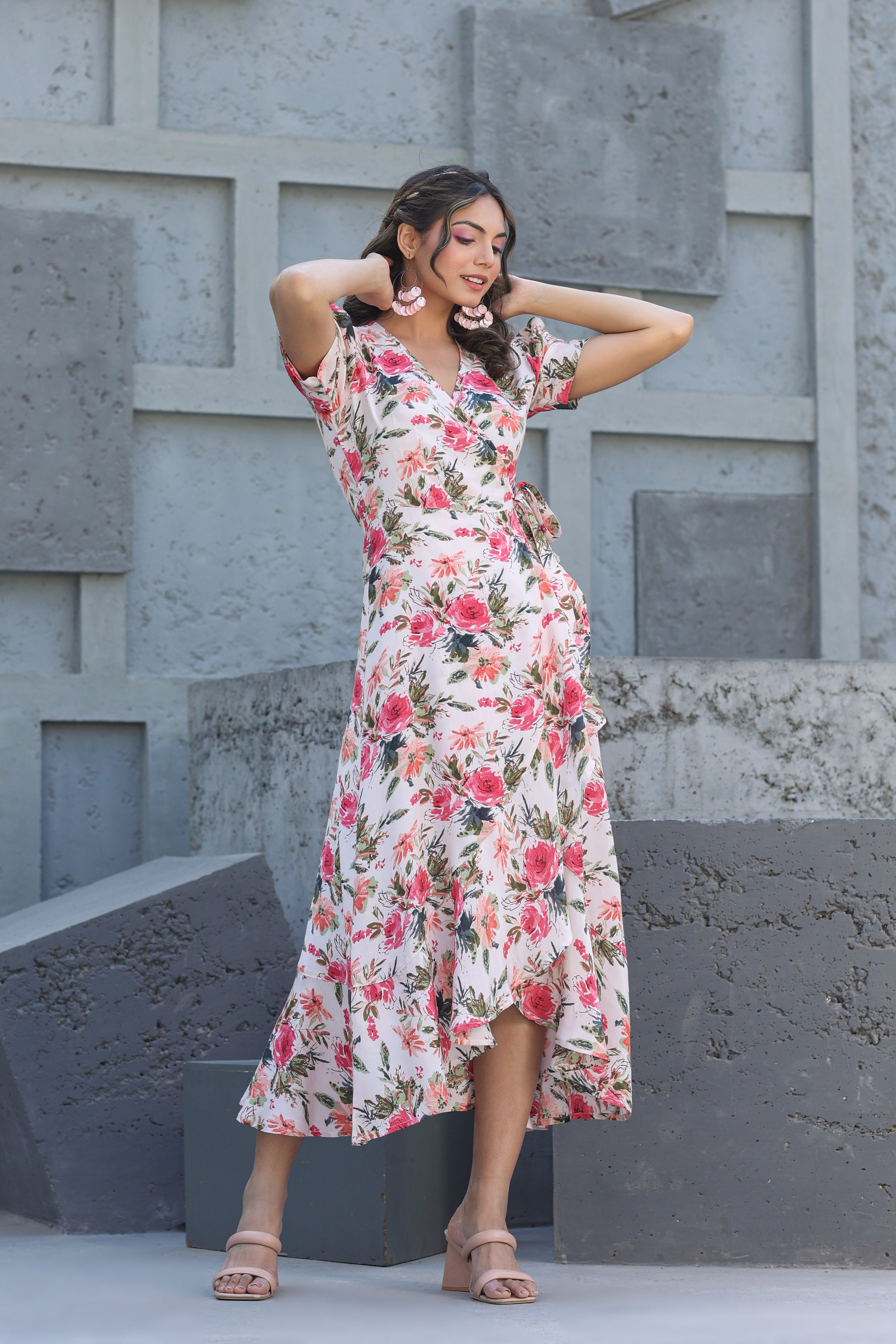 Paint Soiree on Pink Wrap Around Midi Dress