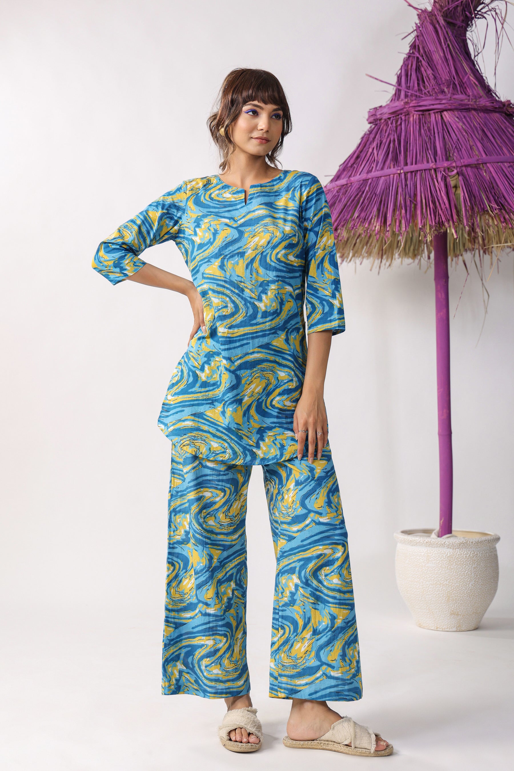 Marble Print Blue Cotton Palazzo Loungewear Set